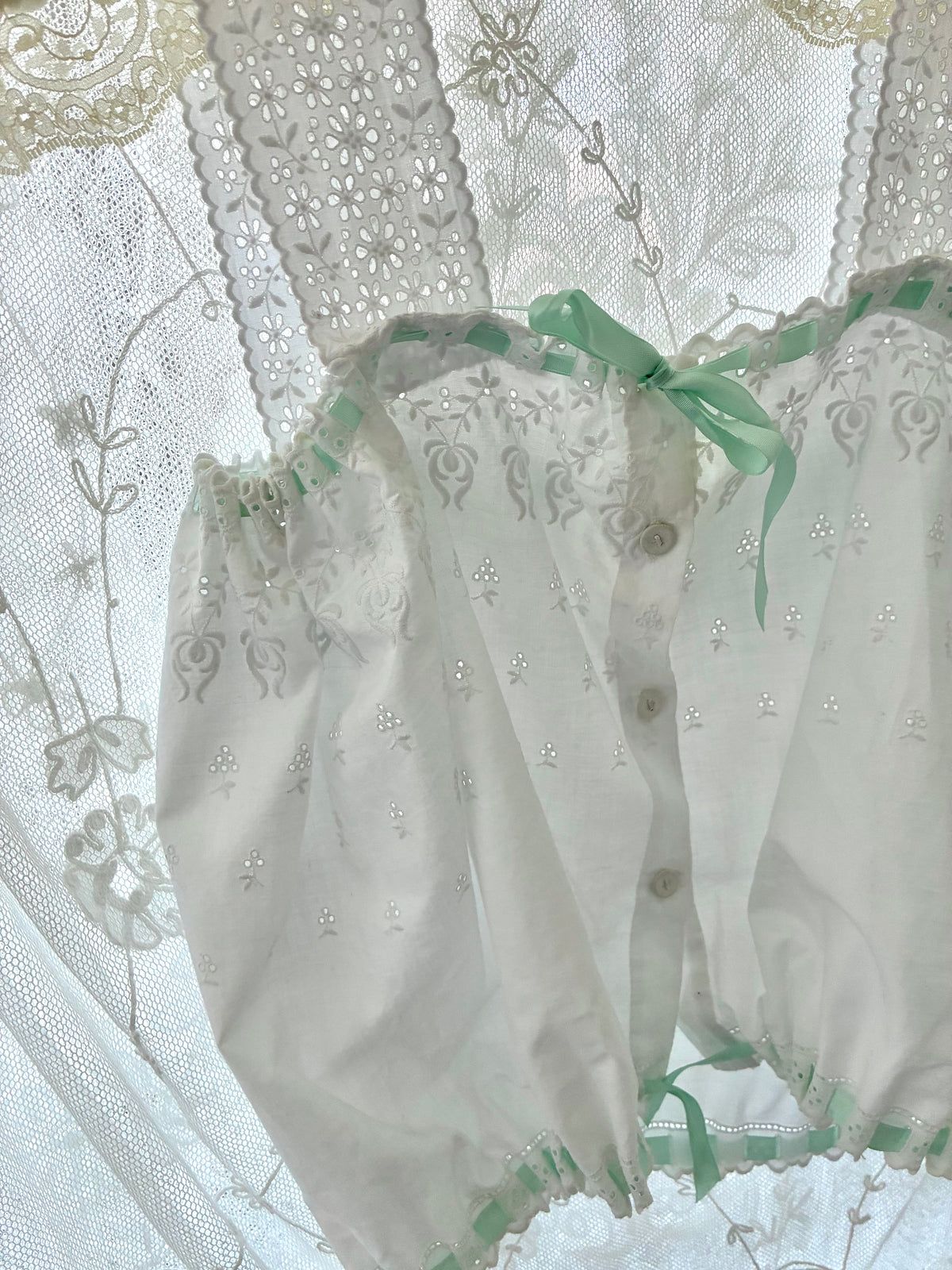 Antique Cotton Embroidered Camisole With Green Ribbon XS S