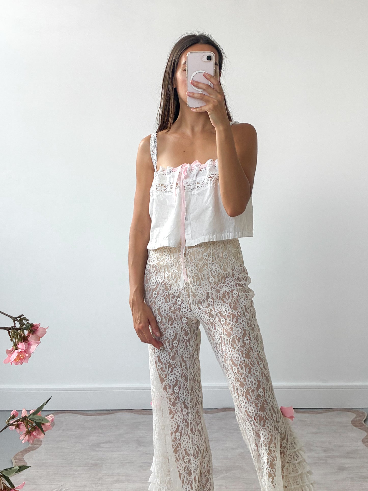 Antique Strappy Camisole With Pink Ribbon