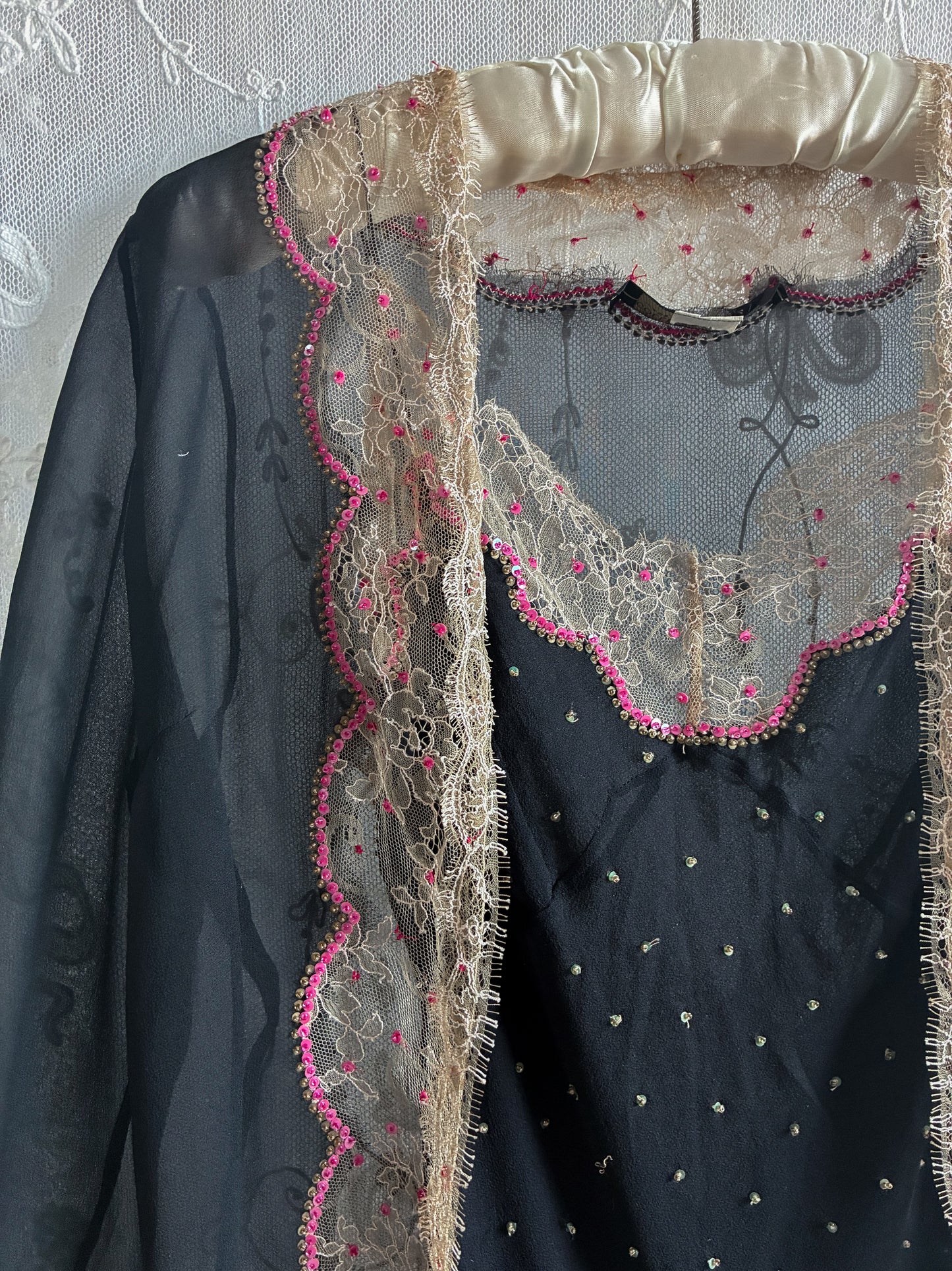 1990s Rare Designer Silk Chiffon Slip and Jacket Set With Chantilly Lace