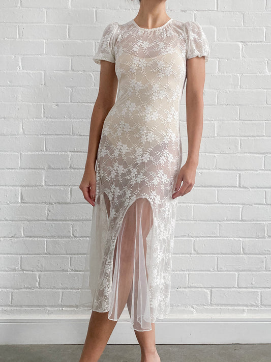 Vintage Floral Puff Sleeve Dress With Mermaid Skirt