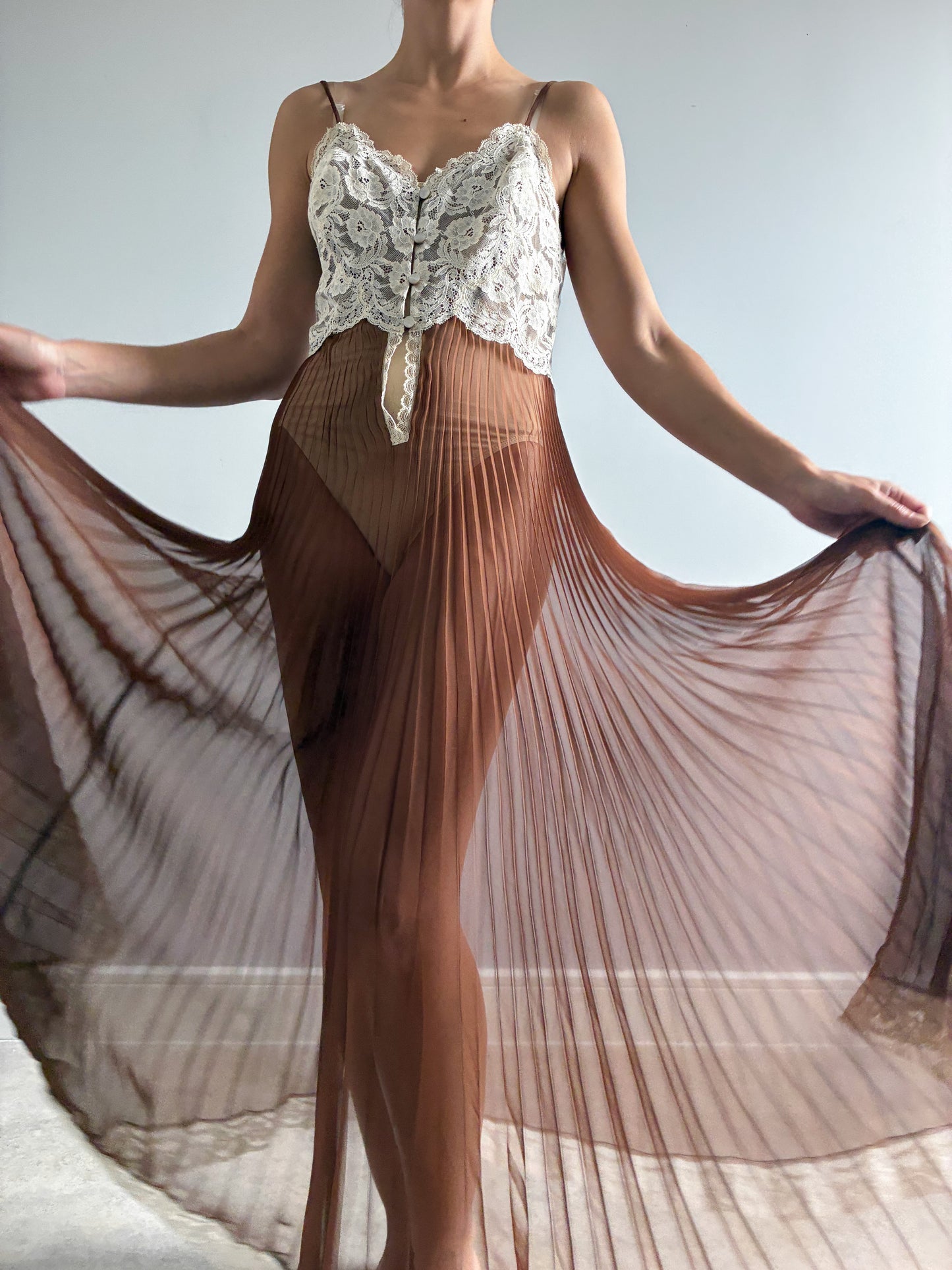 1970s Chocolate Pleated Nightdress with Cream Lace