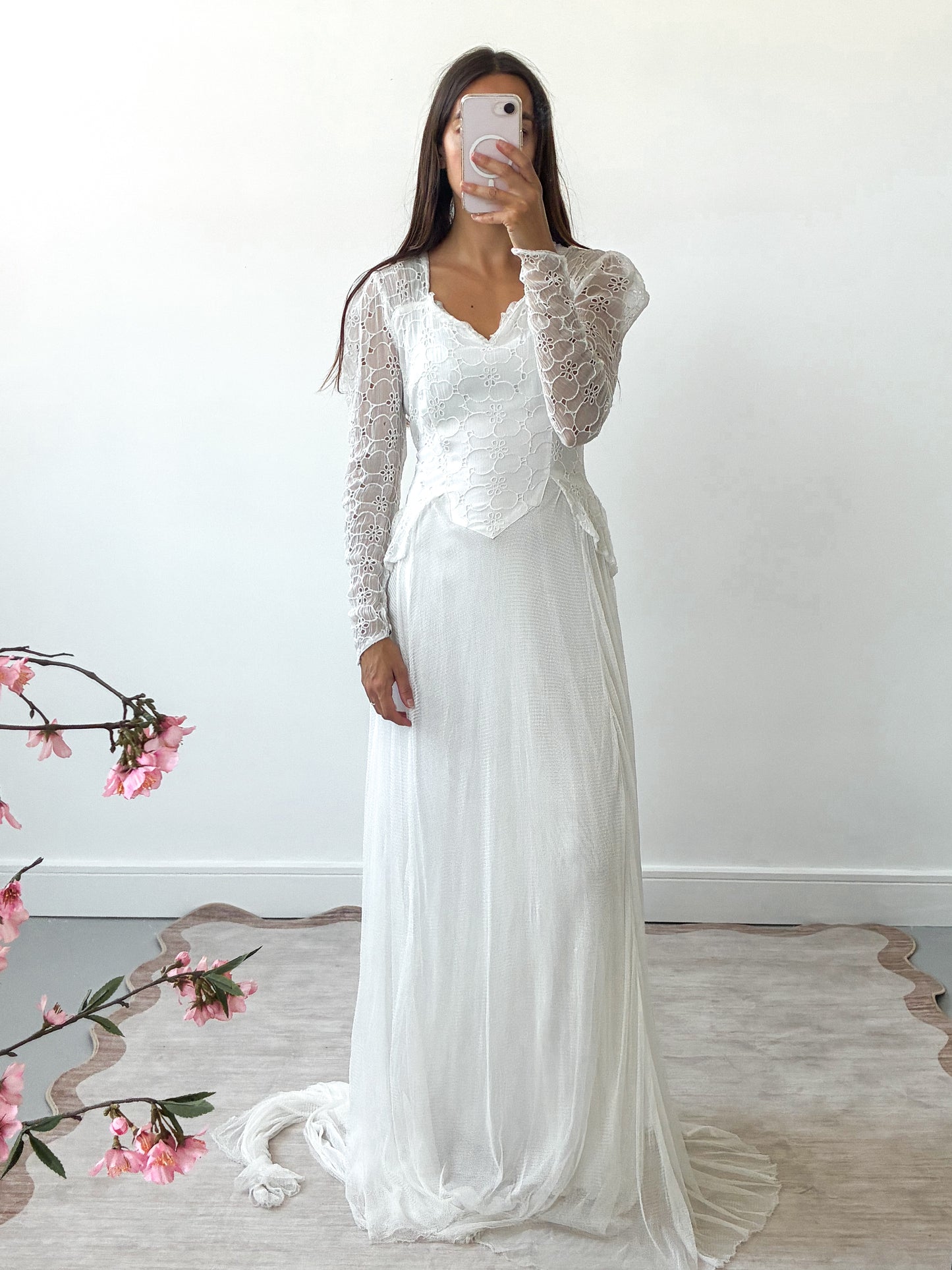 1940s Organdy Broderie and Net Wedding Dress with Train XS S