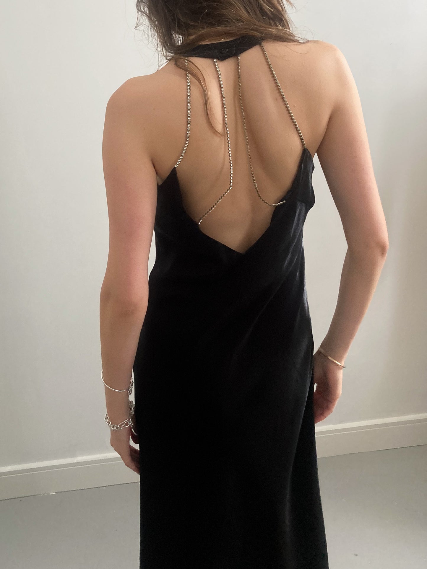 1990s Black Evening Gown with Cage Back and Diamante Straps