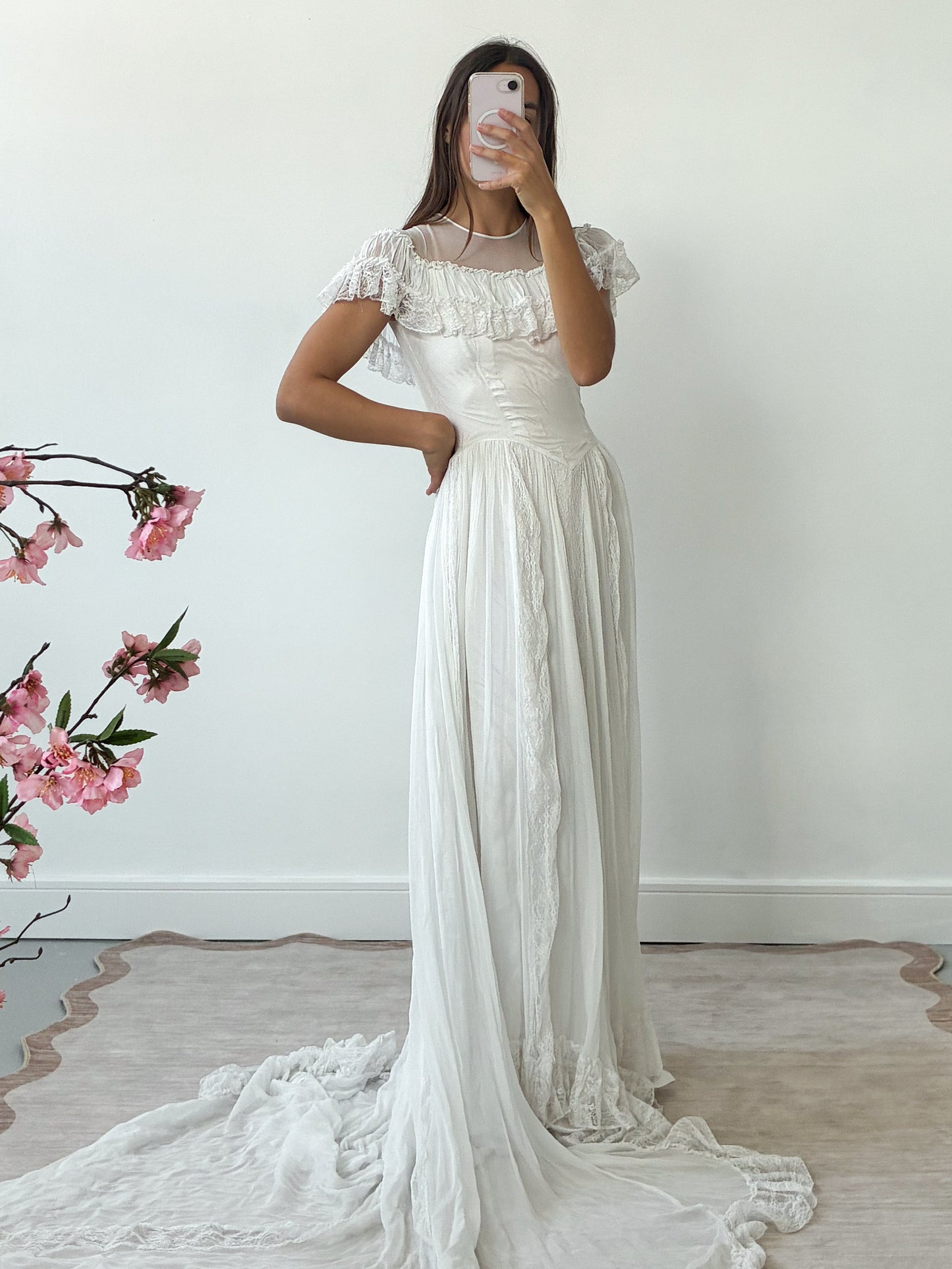 1940s Ivory Tulle Wedding Dress With Ruffle Neck And Cathedral Train
