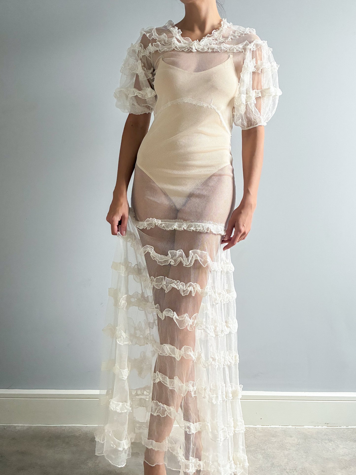 1930s Tiered Ruffled Net Dress With Puff Sleeves