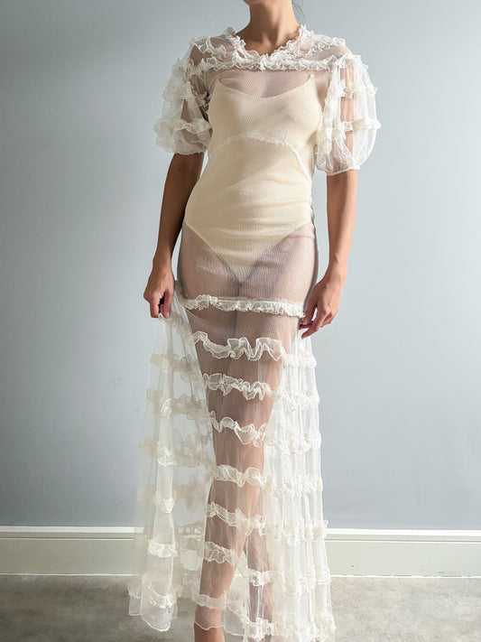 1930s Tiered Ruffled Net Dress With Puff Sleeves