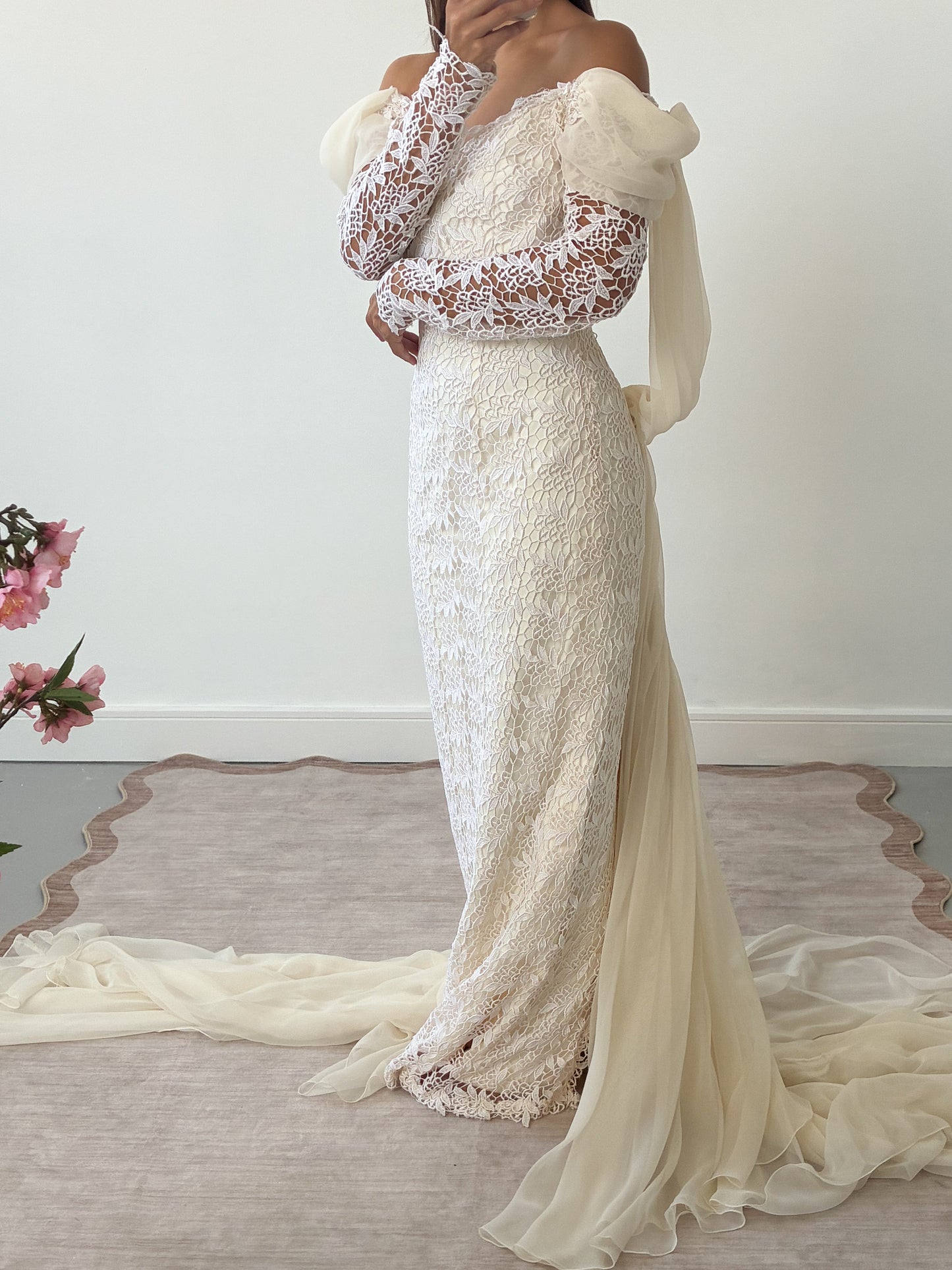 1980s Lace And Chiffon Column Dress With Detachable Cathedral Train S M