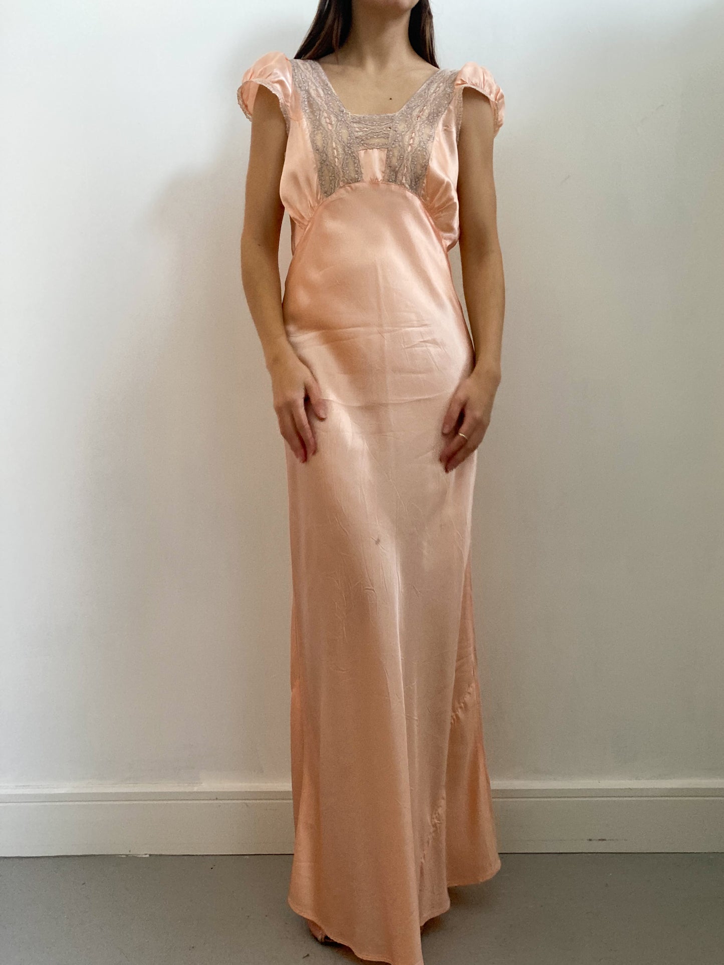 1930s Pink Satin Puff Sleeve Gown with Lace Embroidery