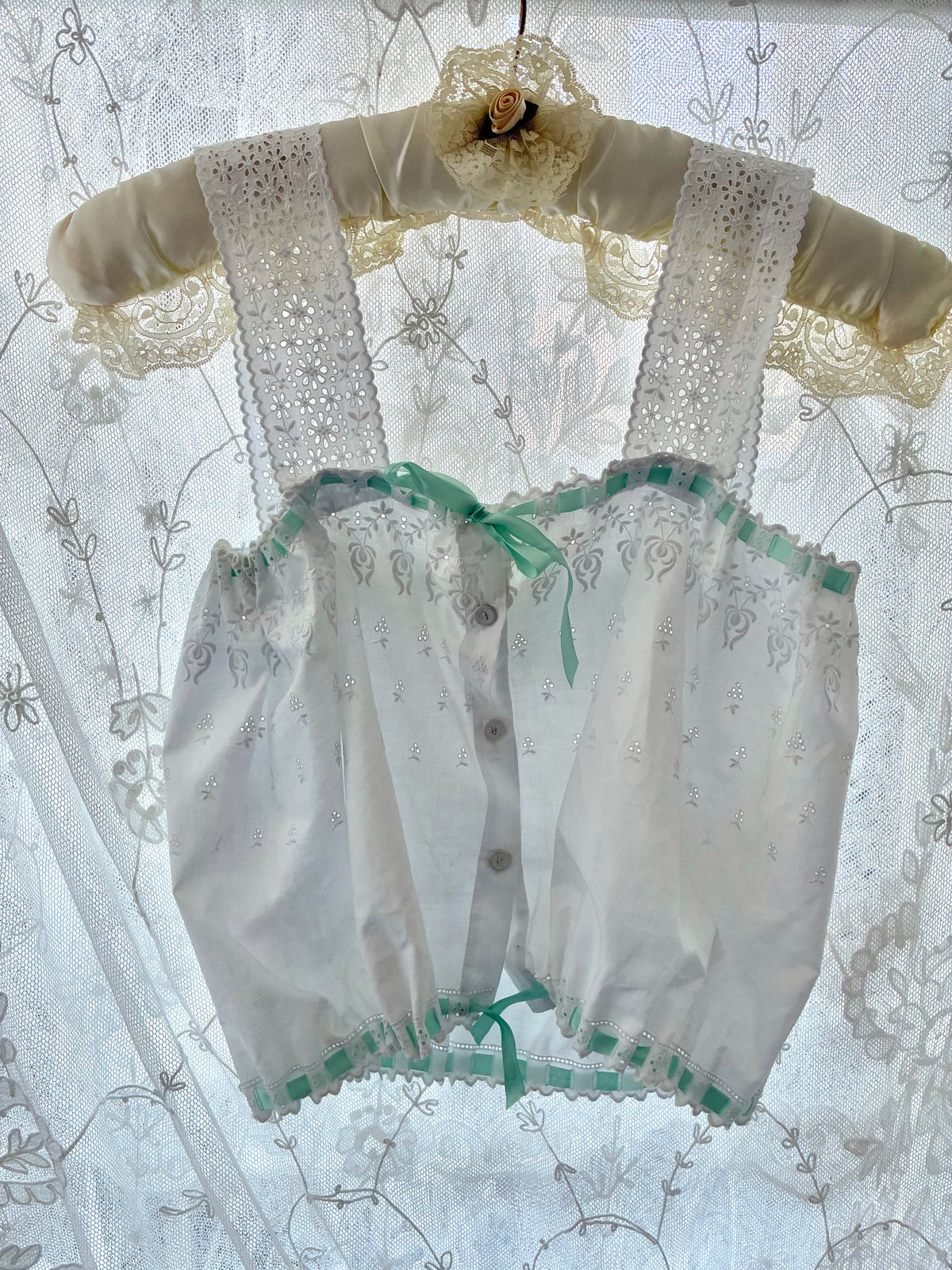 Antique Cotton Embroidered Camisole With Green Ribbon XS S