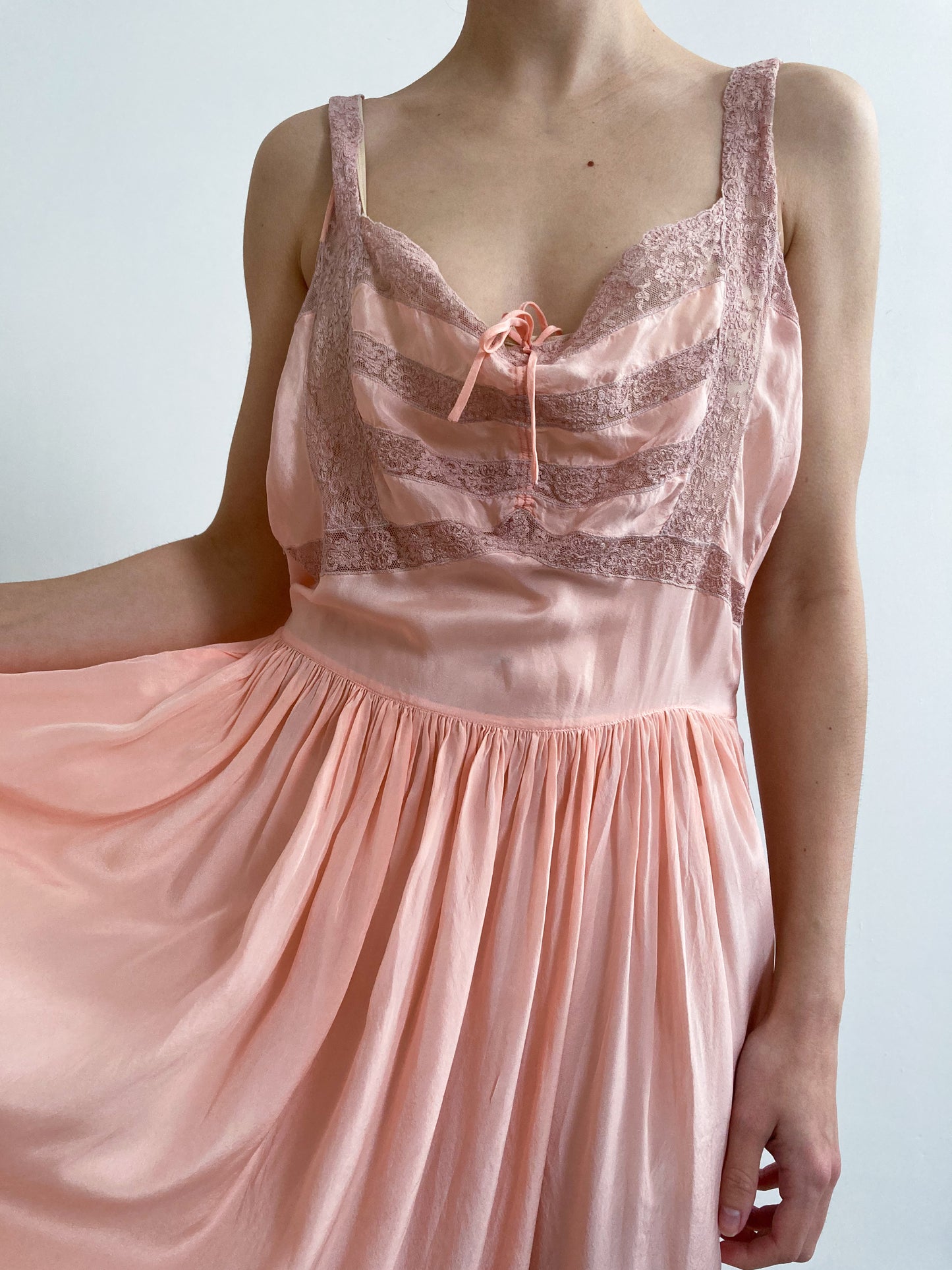 1930s Silk Chiffon Pink Slip Gown with Pink Lace M/L
