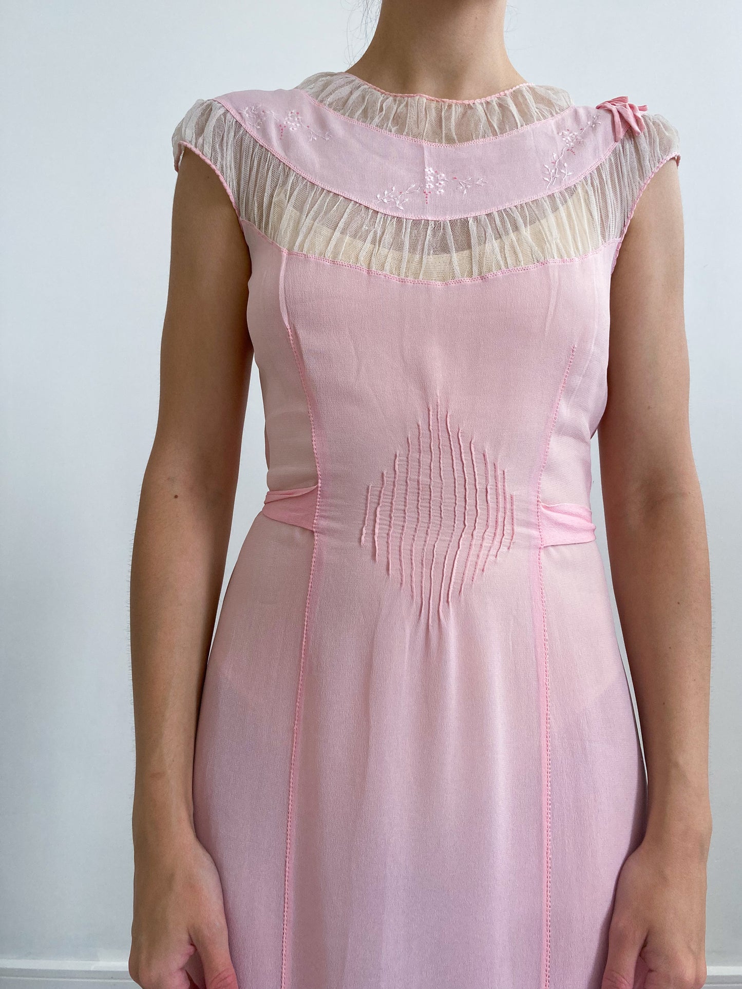 1930s Pink Crepe Slip With Mesh & Floral Embroidery