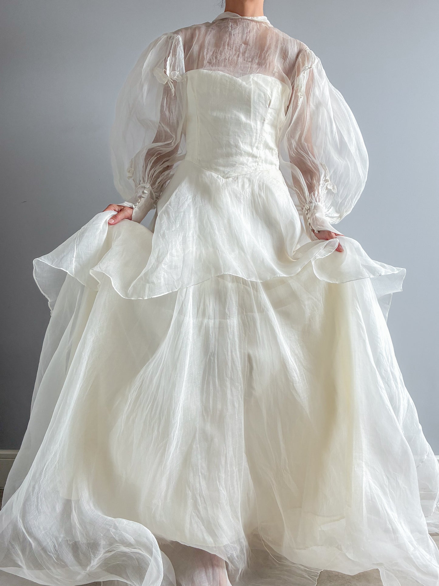 1940s Tiered Organza Wedding Gown With Puff Sleeves And Butterfly Detail