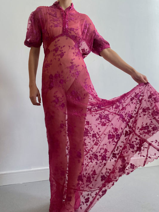 1930s Raspberry Floral Net Lace Chiffon Gown with Puff Sleeves