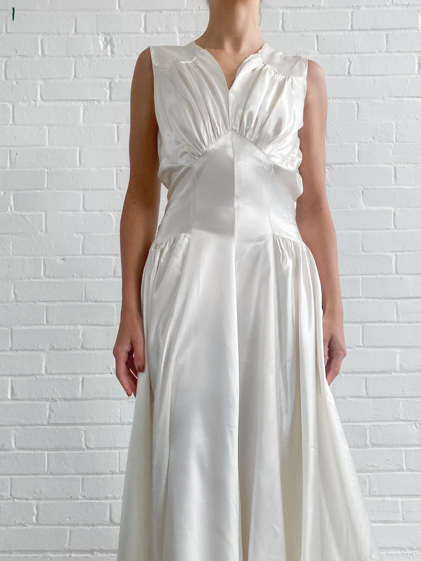 1940s Gathered Satin Wedding Gown with Chapel Train