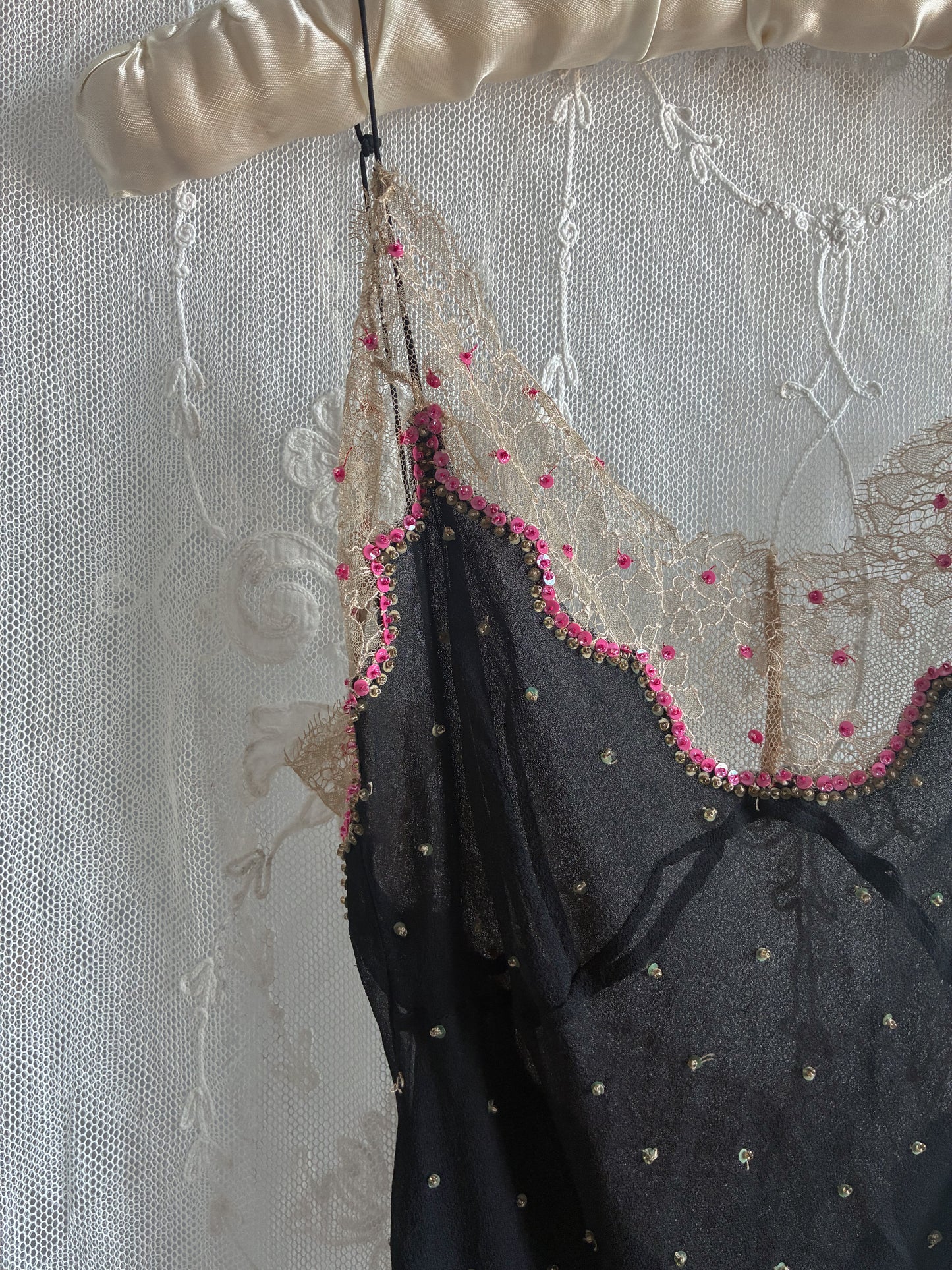 1990s Rare Designer Silk Chiffon Slip and Jacket Set With Chantilly Lace