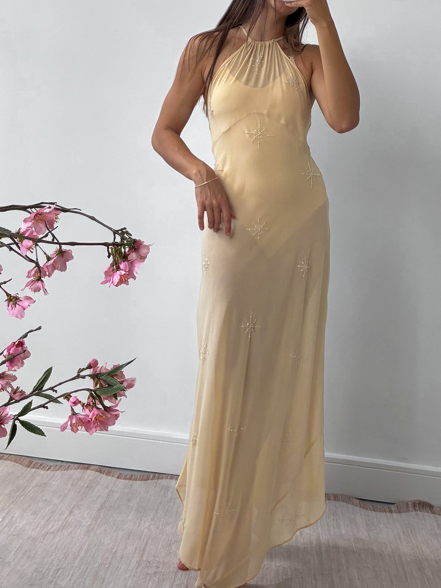 1990s Yellow Silk Chiffon Halterneck Slip Gown