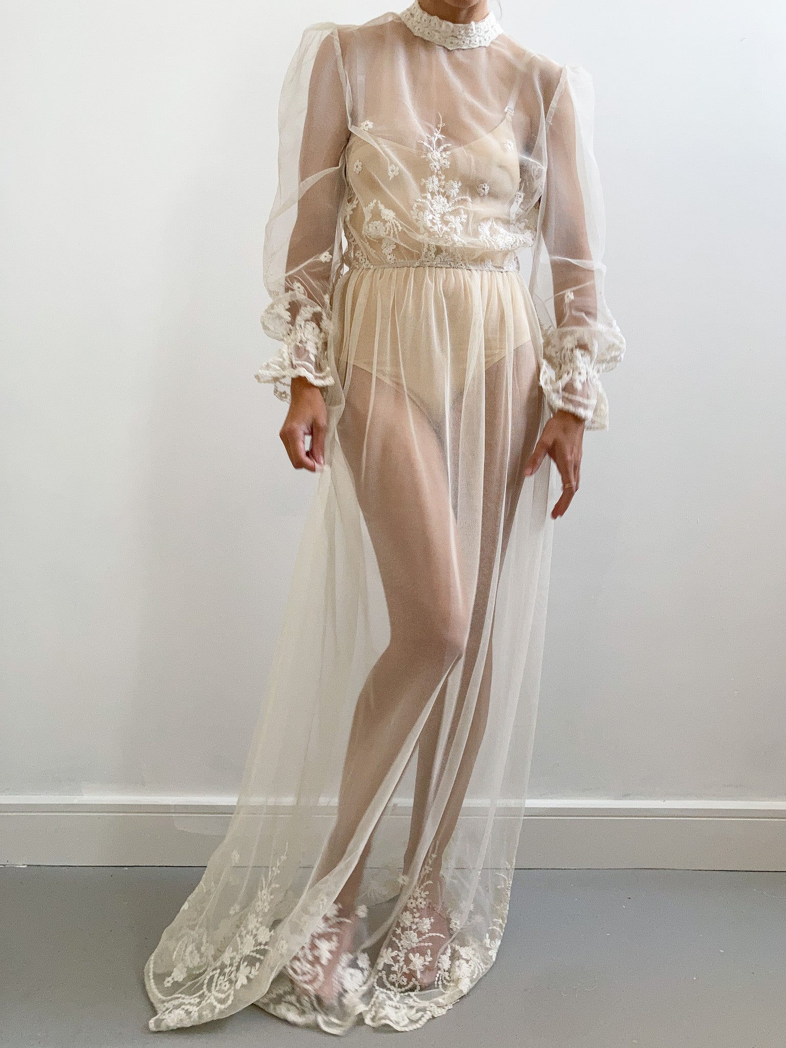 Vintage Sheer Net Wedding Dress with Flower Embroidery Adored Closet Vintage Sheer Net Wedding Dress with Flower Embroidery Adored Closet