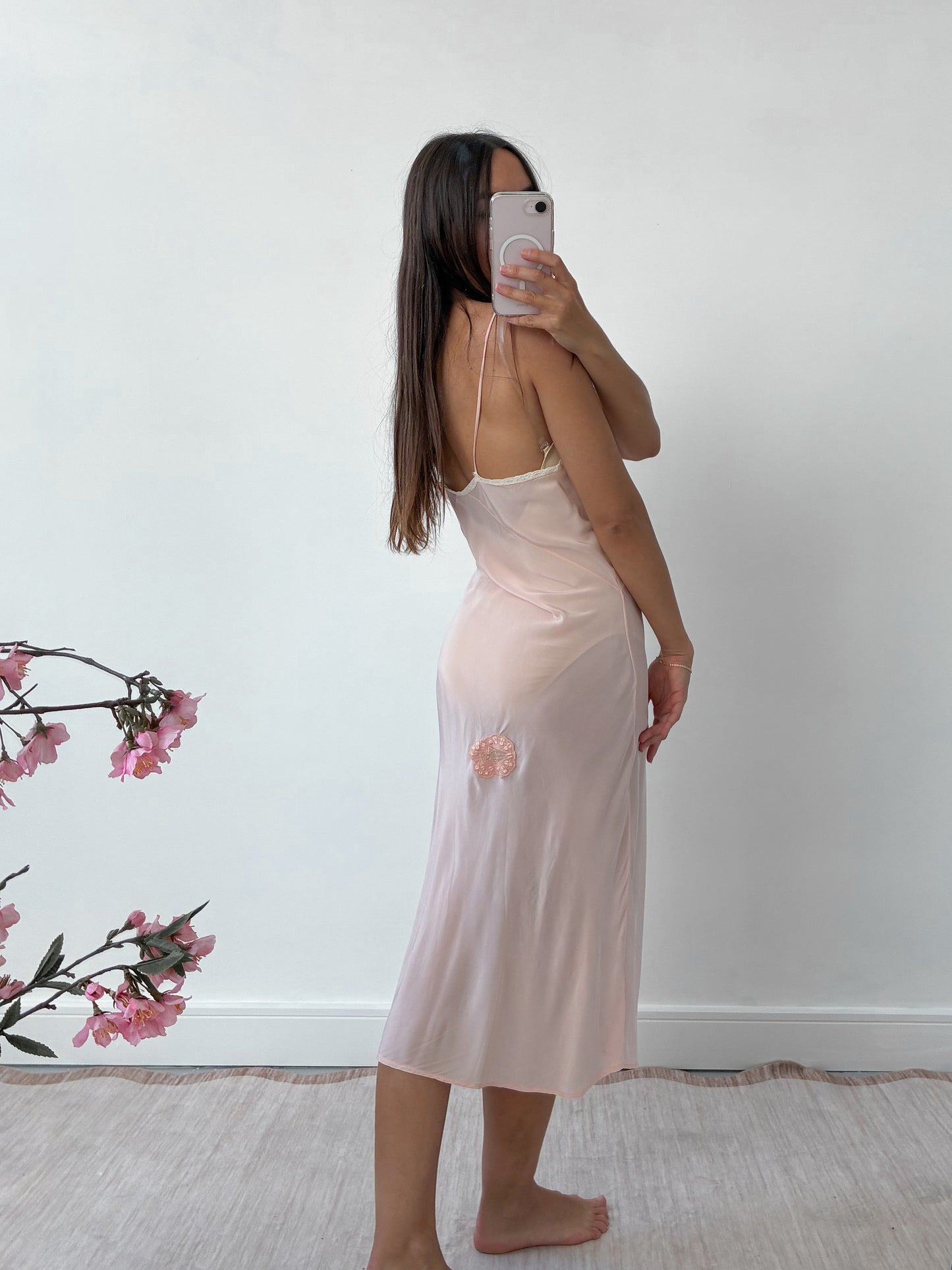 1940s Pink Satin Midi Slip With Flower Embroidery M L