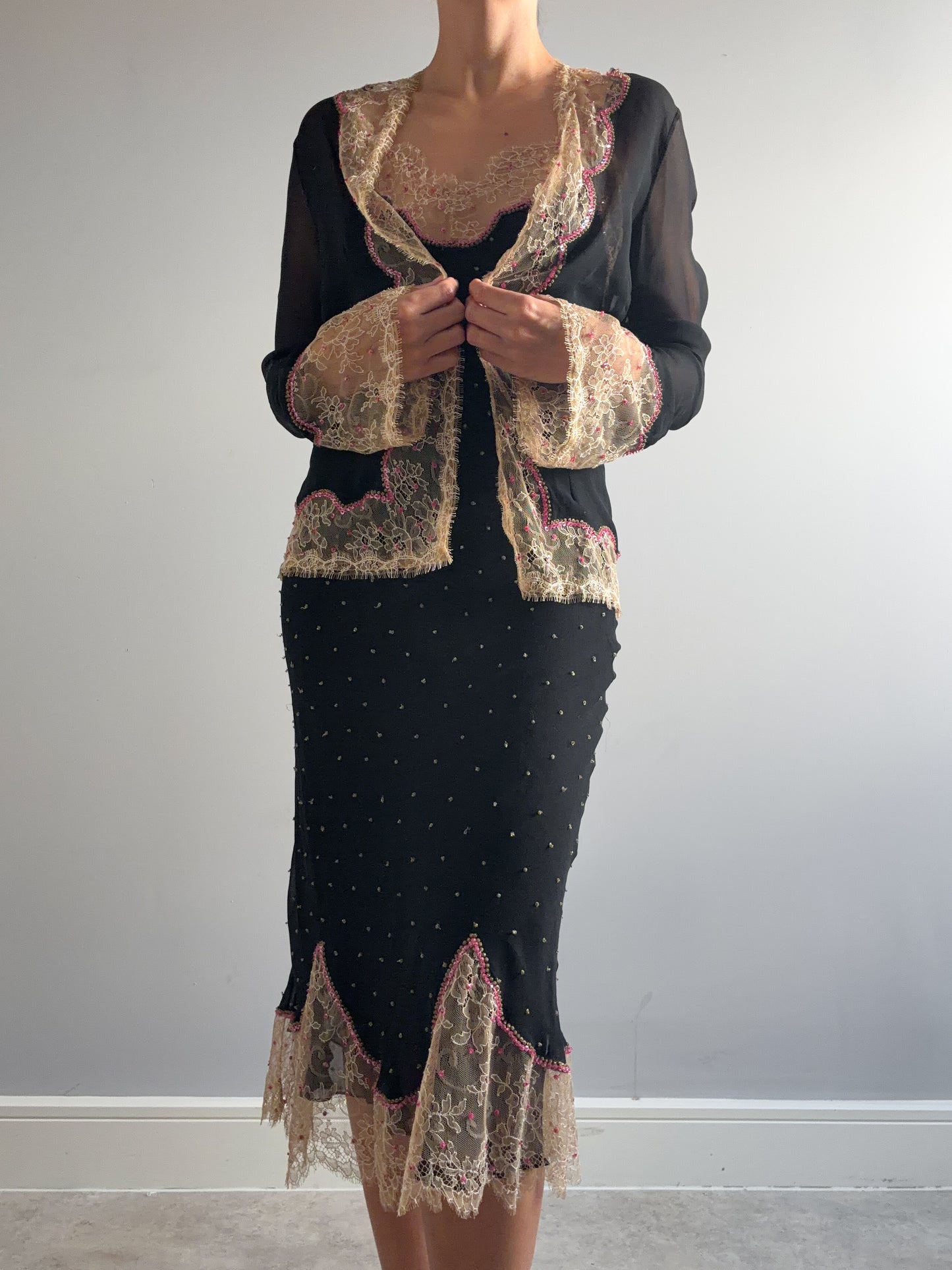 1990s Rare Designer Silk Chiffon Slip and Jacket Set With Chantilly Lace