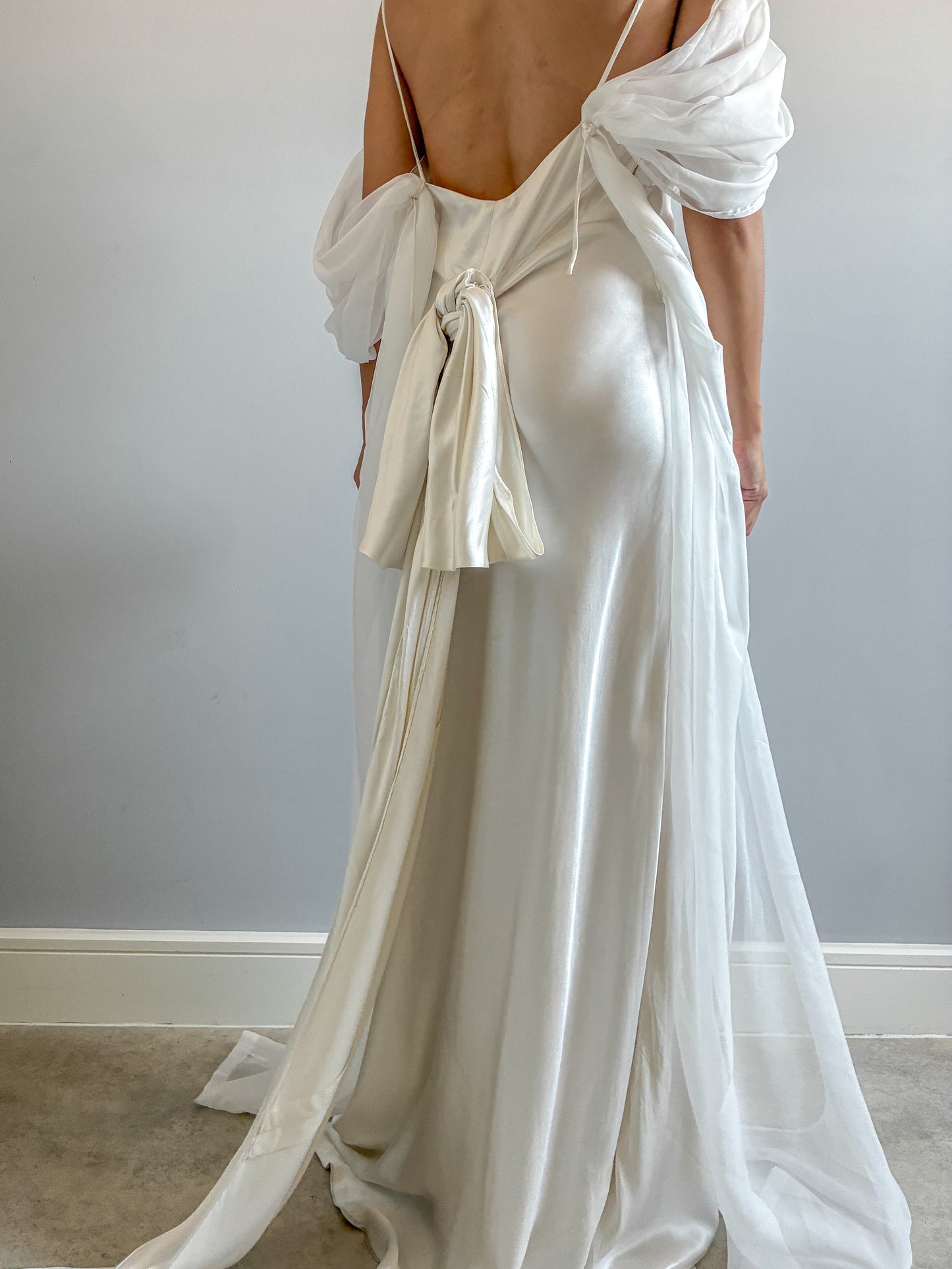 1930s Silk Wedding Gown With Chiffon Sleeves And Bow Detail