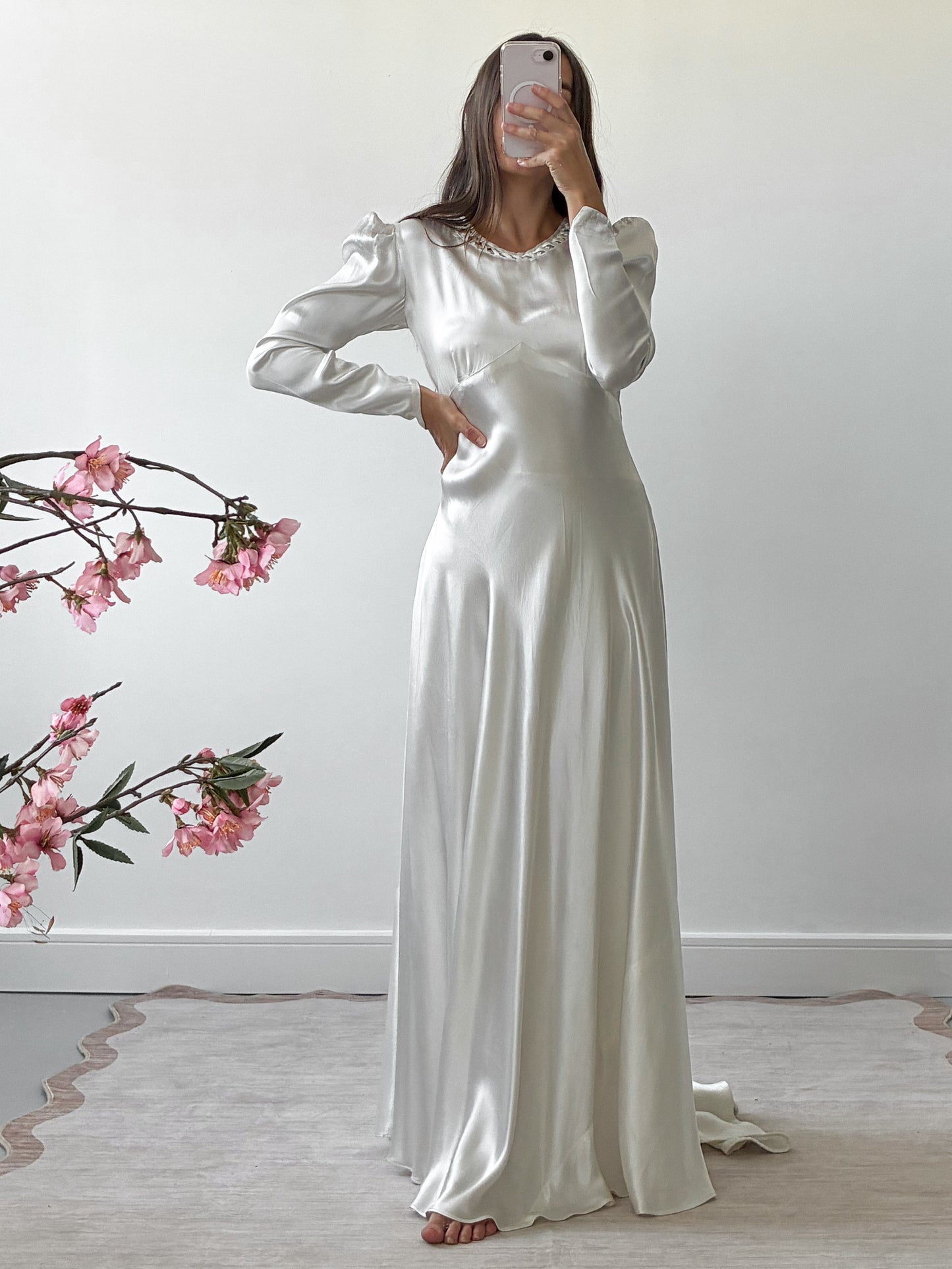 1940s Satin Dress With Wateau Train and Bow Detail