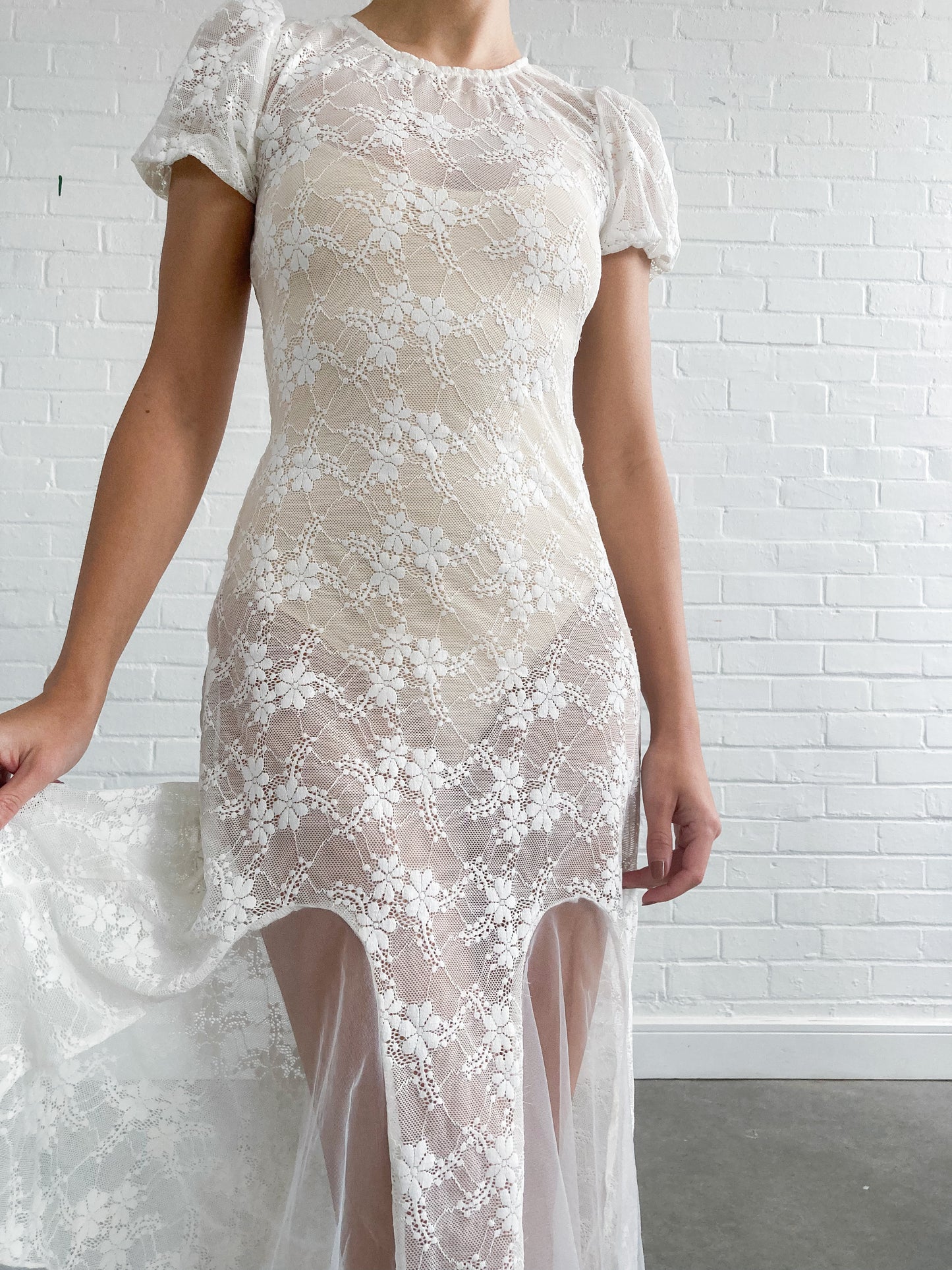 Vintage Floral Puff Sleeve Dress With Mermaid Skirt