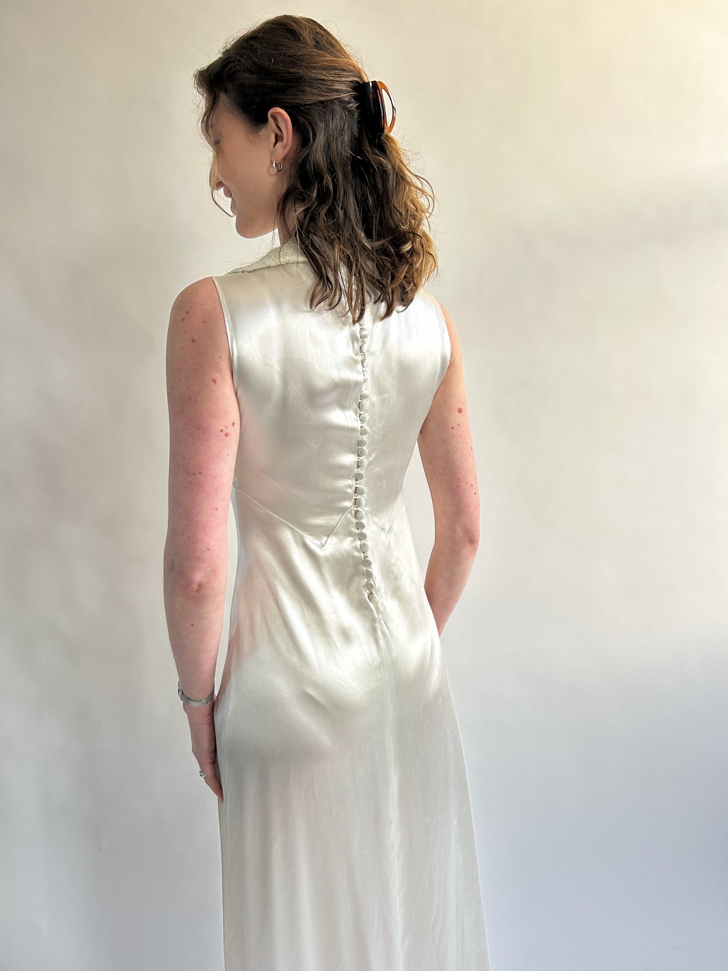 1930s Ivory Satin Sleeveless Wedding Dress with Gathered Neck & Train