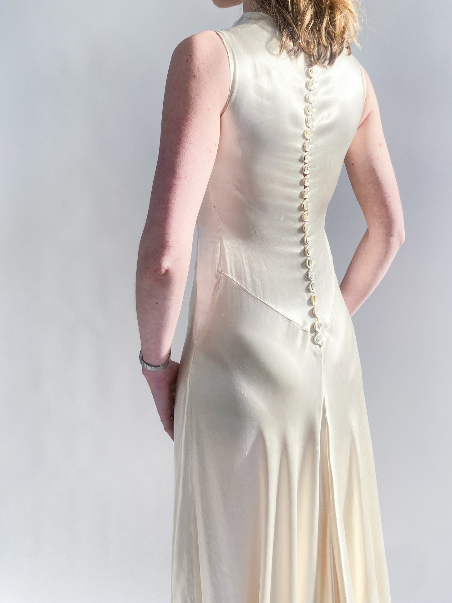 1930s Vanilla Silk Ruched Wedding Gown with Button Back and Sweep Train