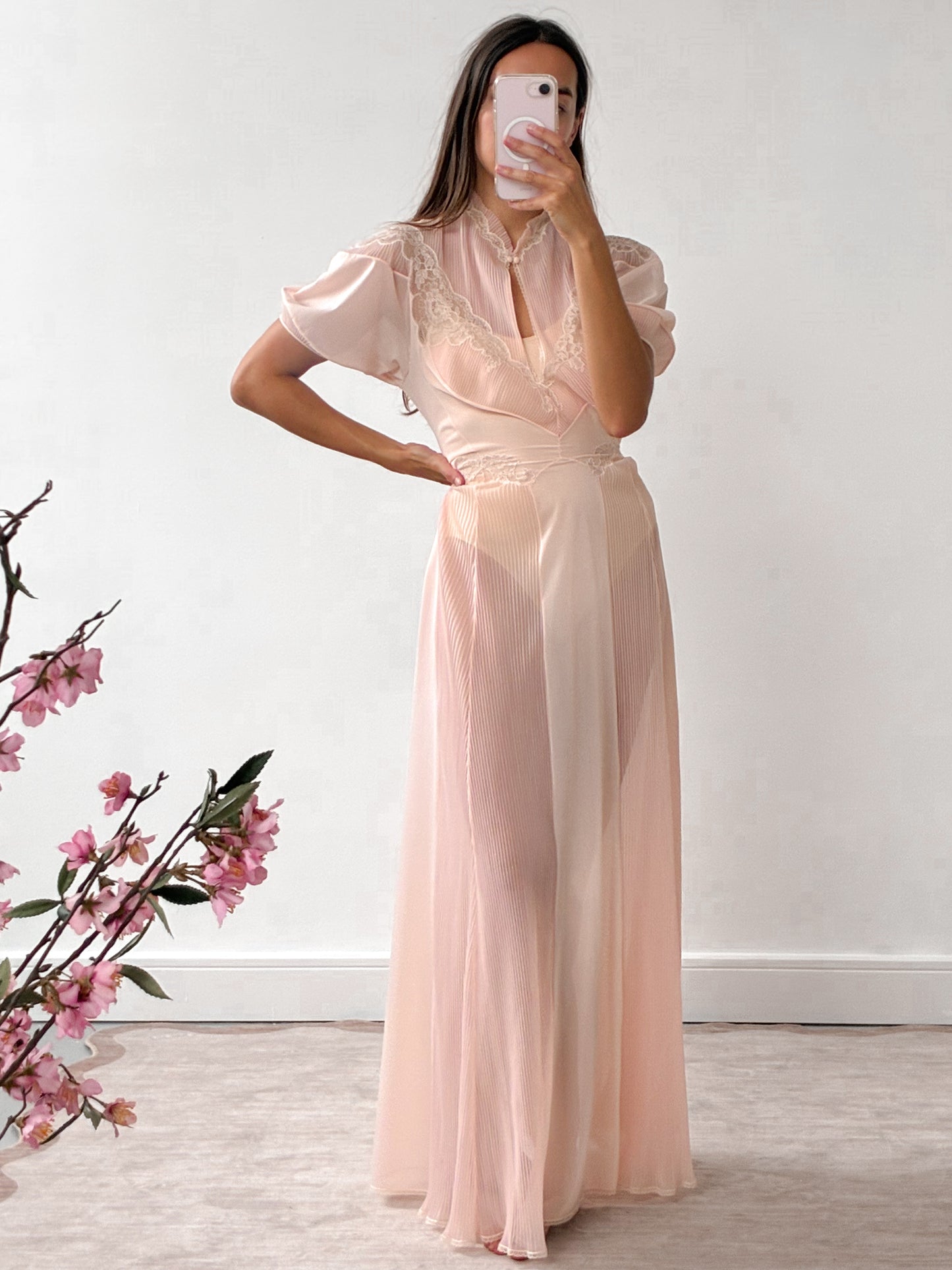 1970s Sheer Peach Nightgown With Lace Detail