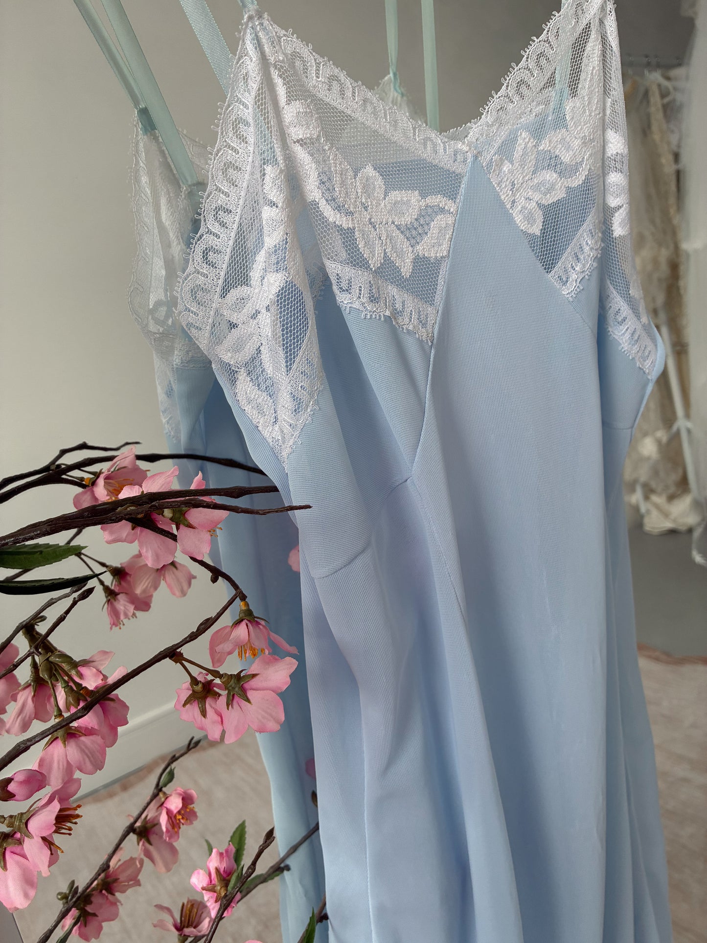 1940s Powder Blue Midi Slip With White Lace M