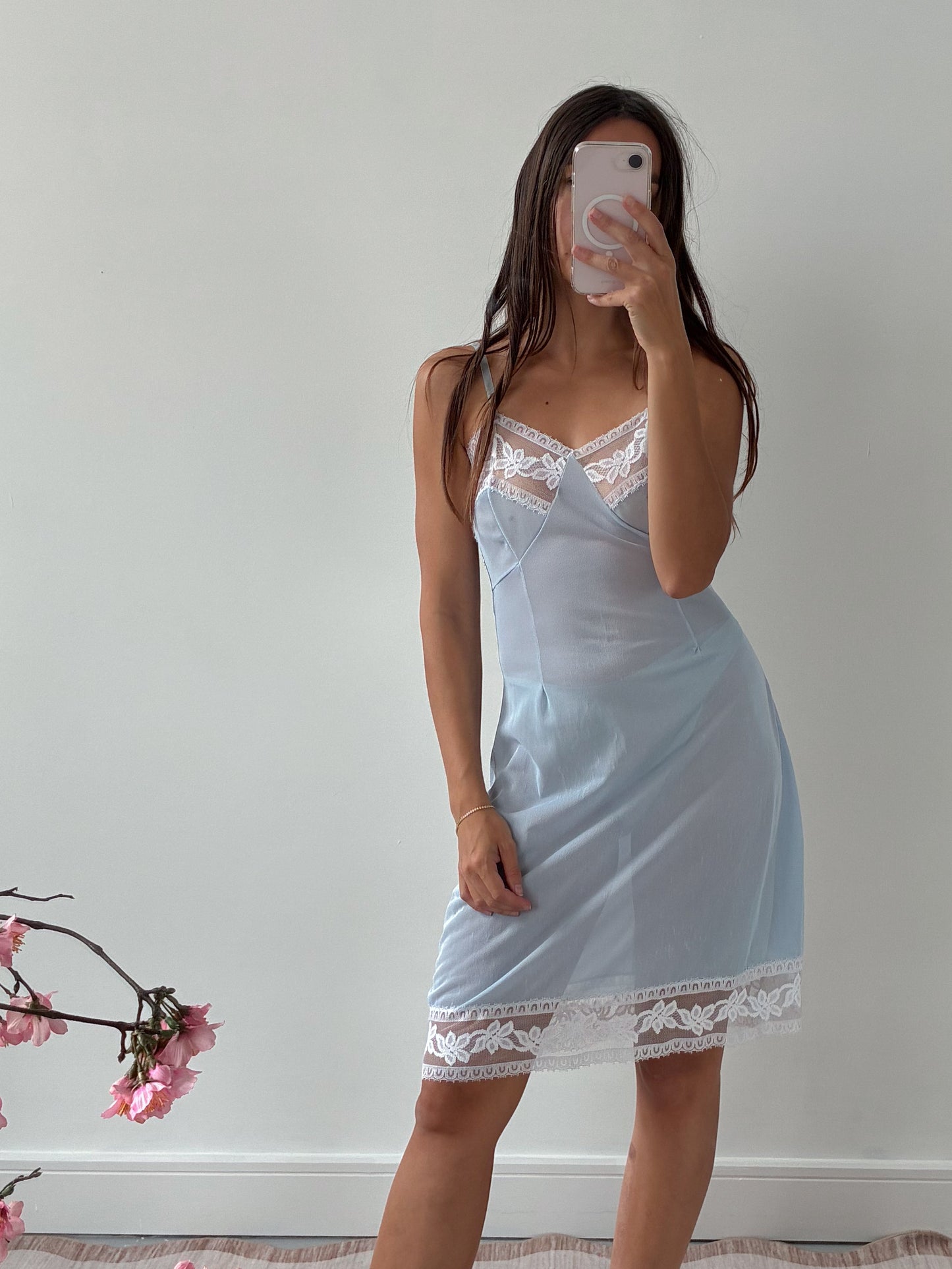 1940s Powder Blue Midi Slip With White Lace M