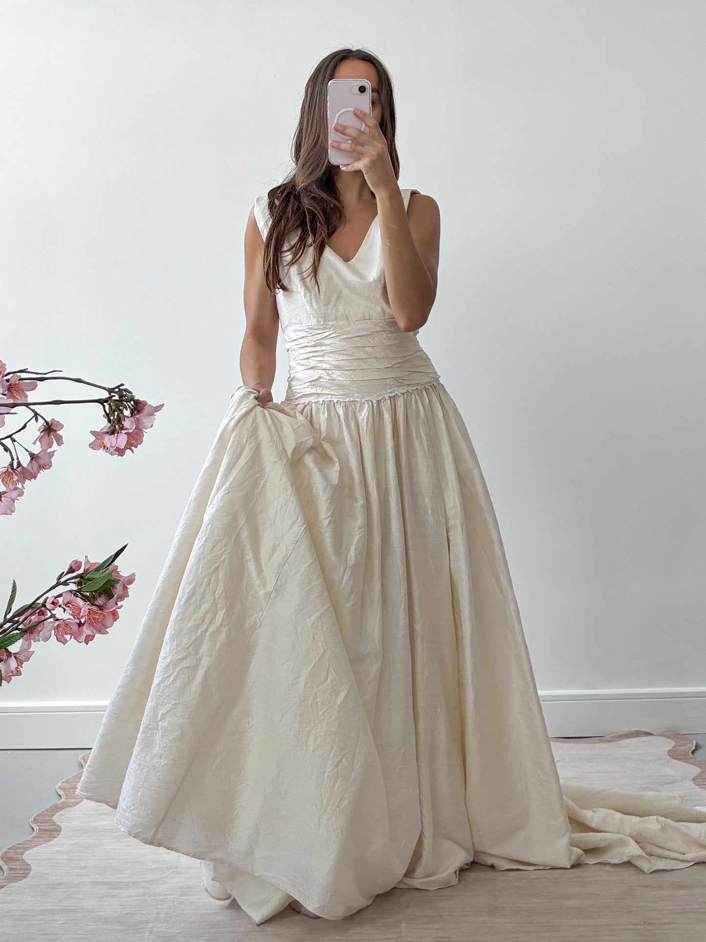 1980s Raw Silk Princess Dress With Wrap Bodice And Full Train