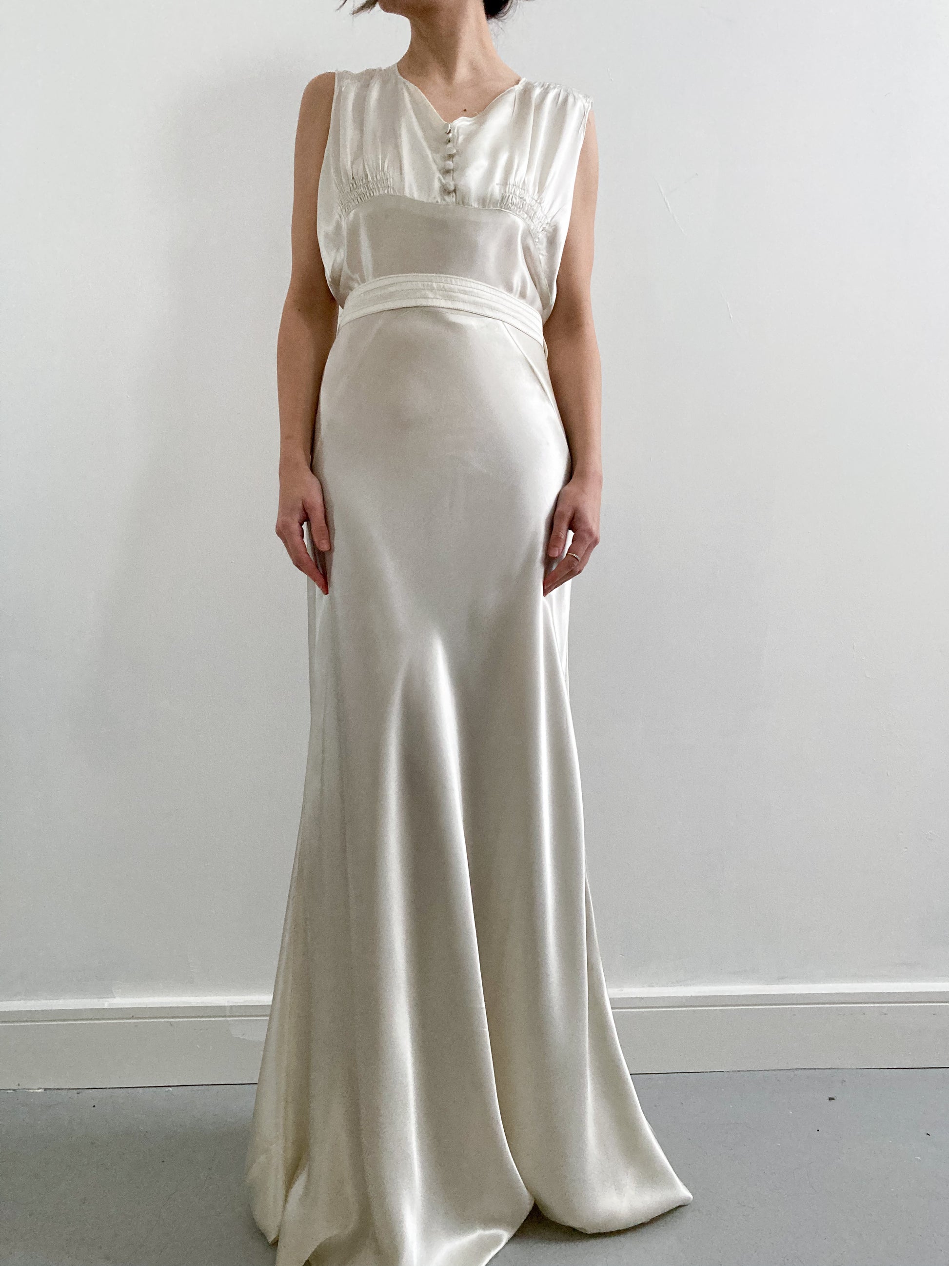 1940s Satin Charmeuse Gathered Wedding Dress – Adored Closet 1940s Satin Charmeuse Gathered Wedding Dress – Adored Closet