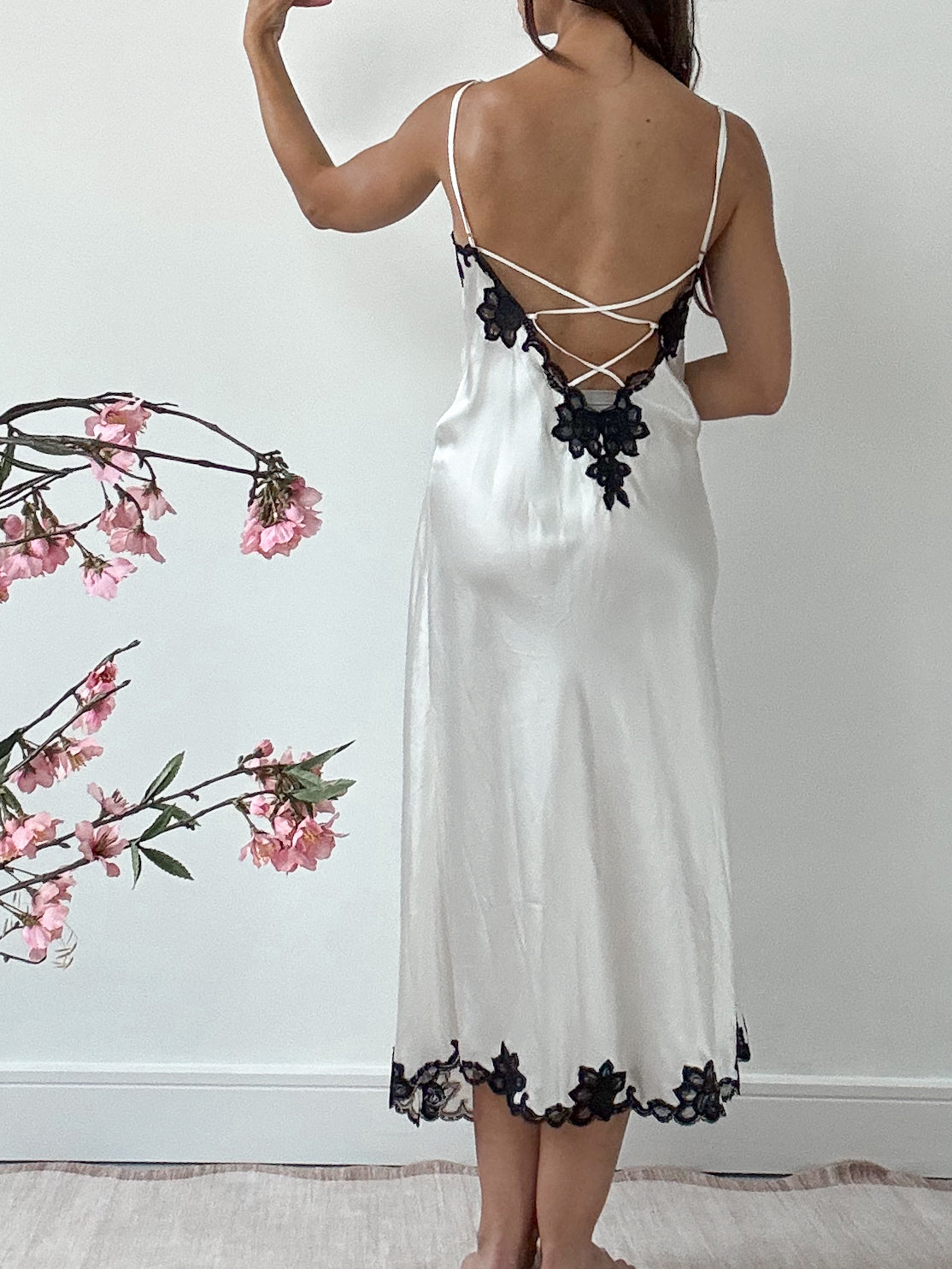 1990s Silk Slip Gown With Cross Back And Black Lace