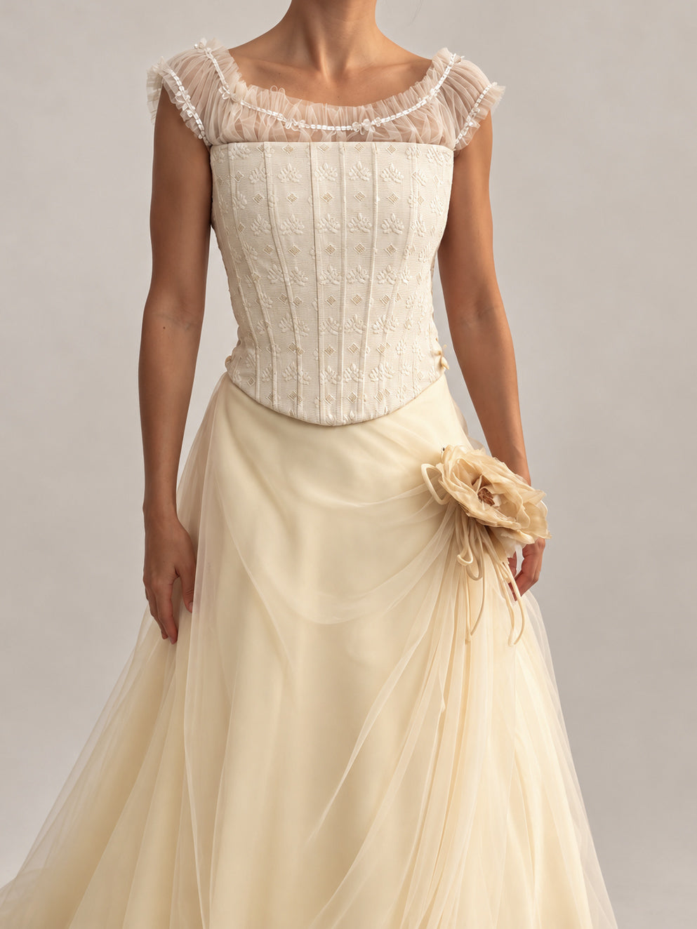 1990s Italian Bridal Two Piece With Embroidered Corset & Tulle Skirt XS S