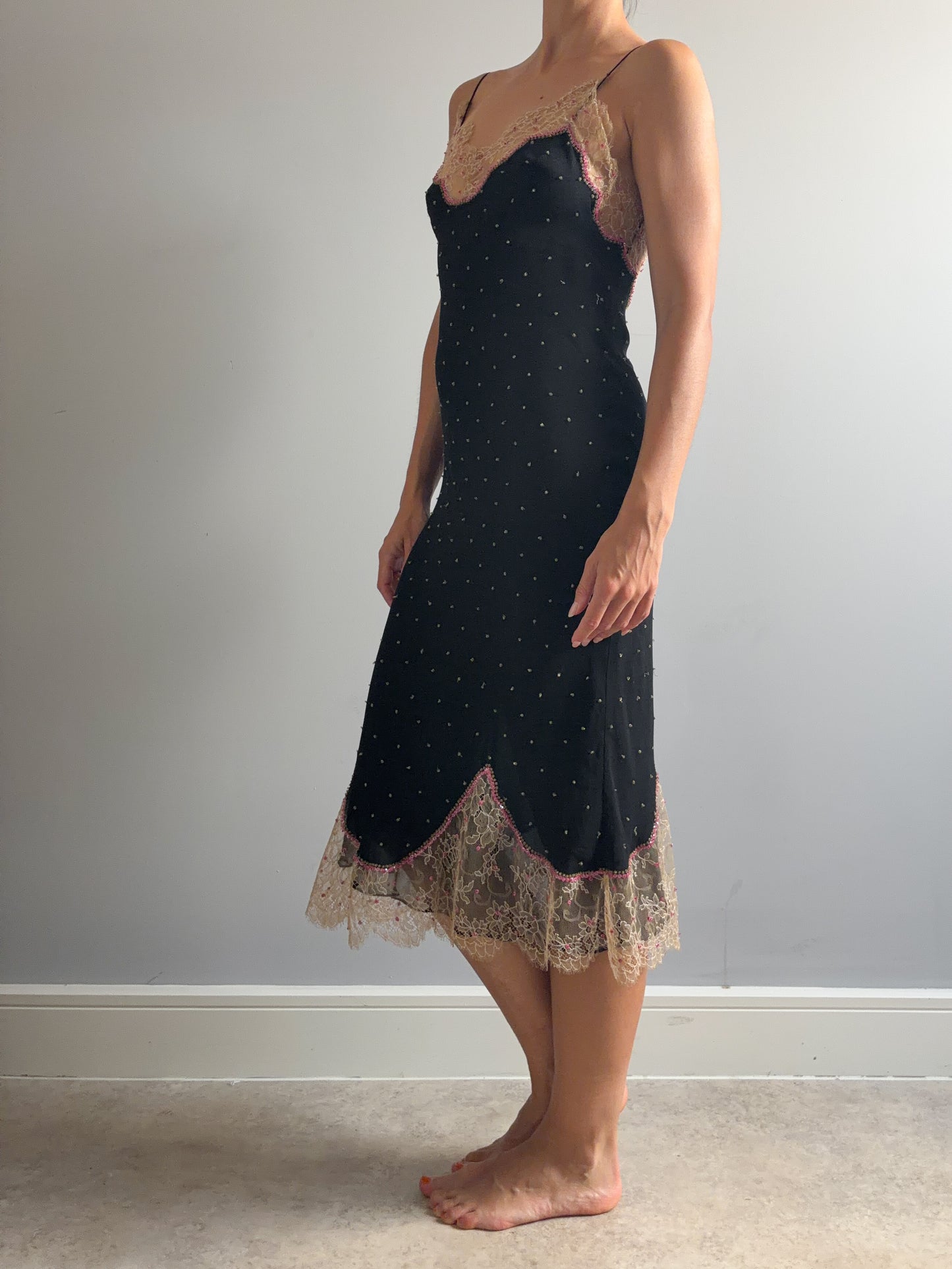 1990s Rare Designer Silk Chiffon Slip and Jacket Set With Chantilly Lace