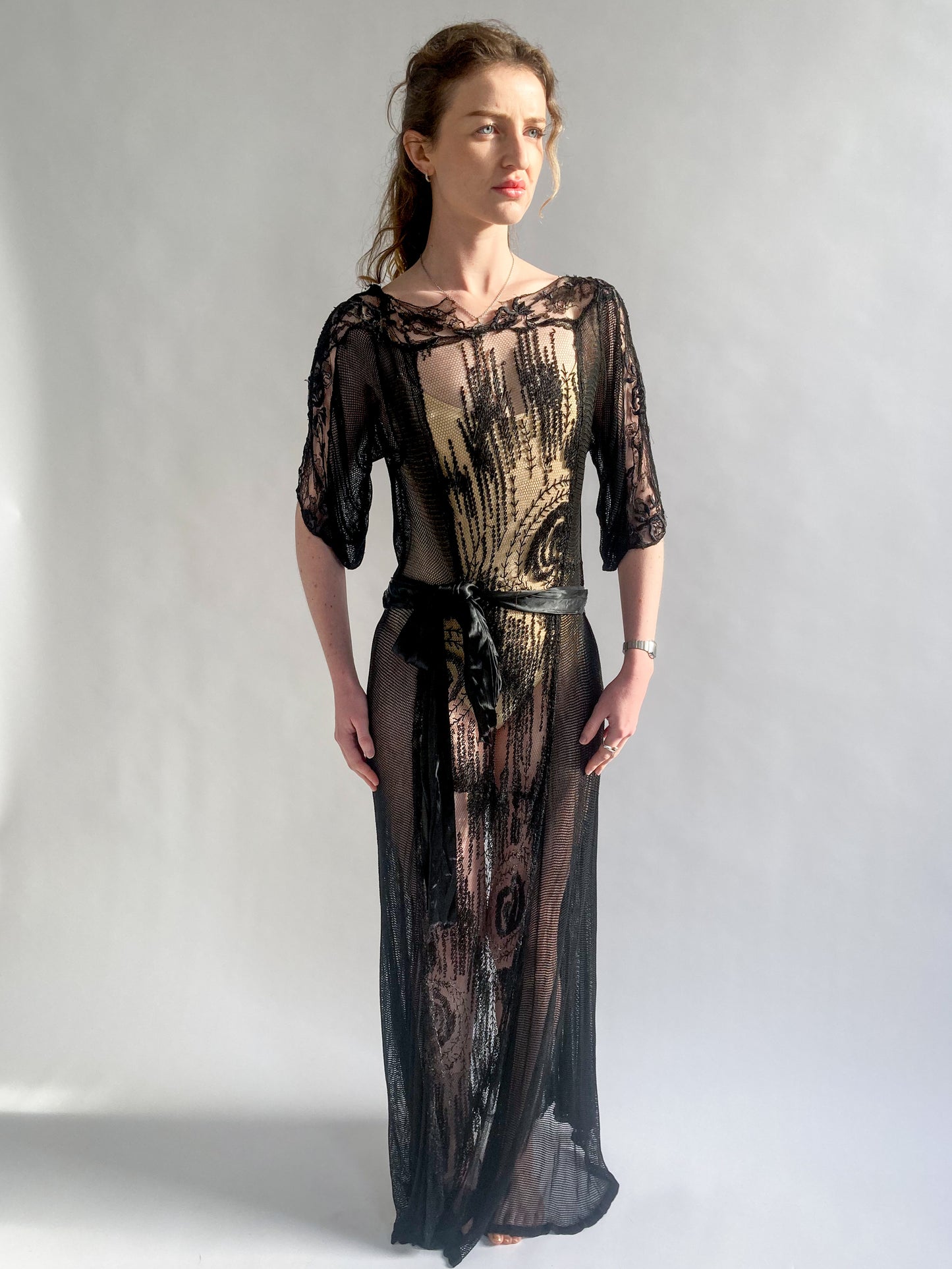 1920s Silk Cotton Black Crochet Dress