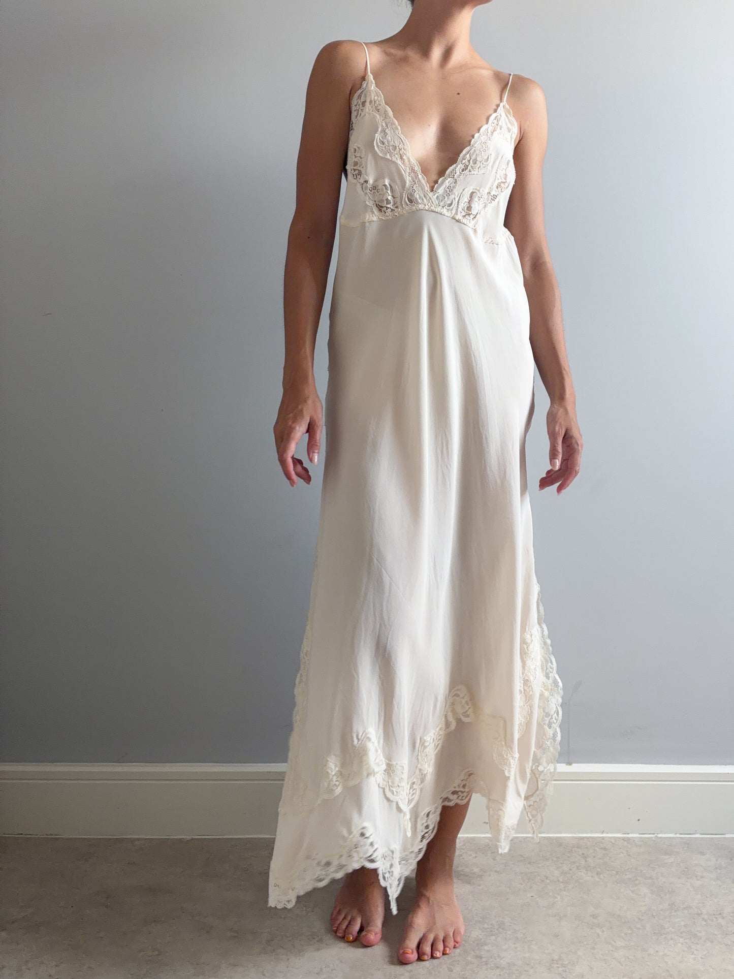 1970s Designer Pure Silk Nightgown With Lace Inserts