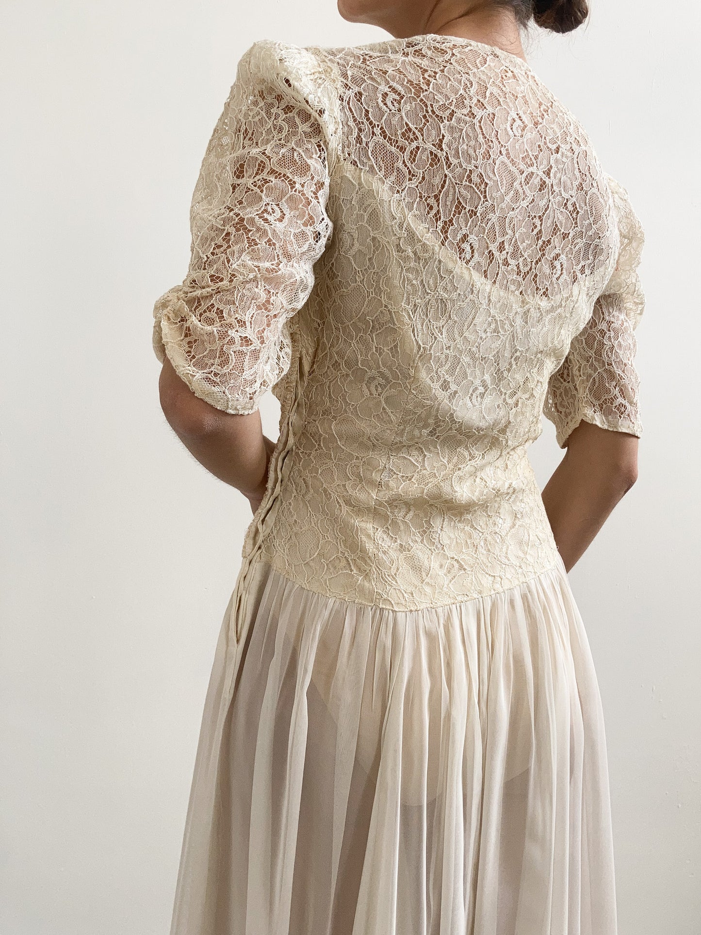 1940s Champagne Lace and Chiffon Wedding Dress with Bows