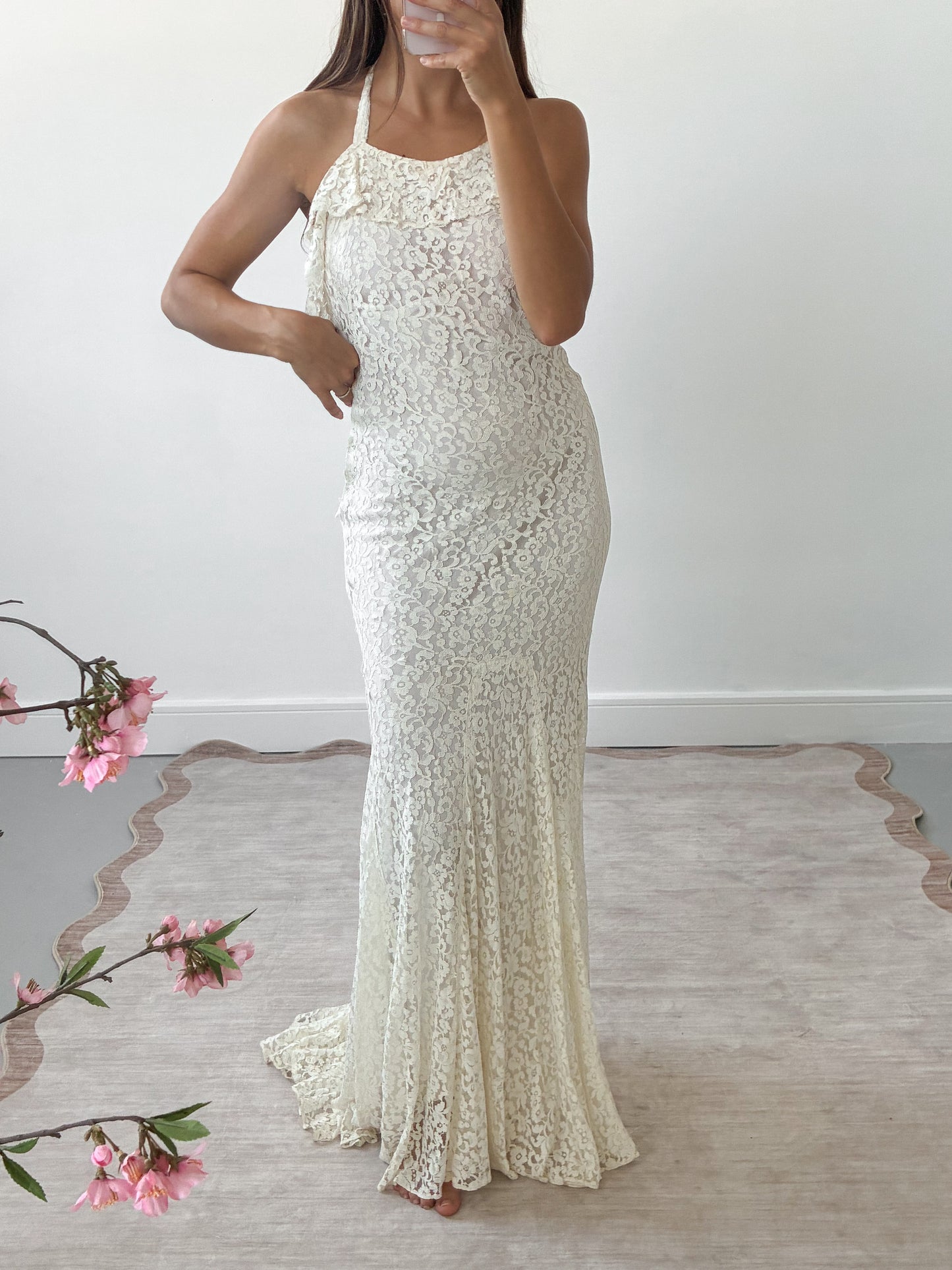 1930s Ivory Ruffled Bias Cut Wedding Dress In Cream Lace With Matching Bolero XS S
