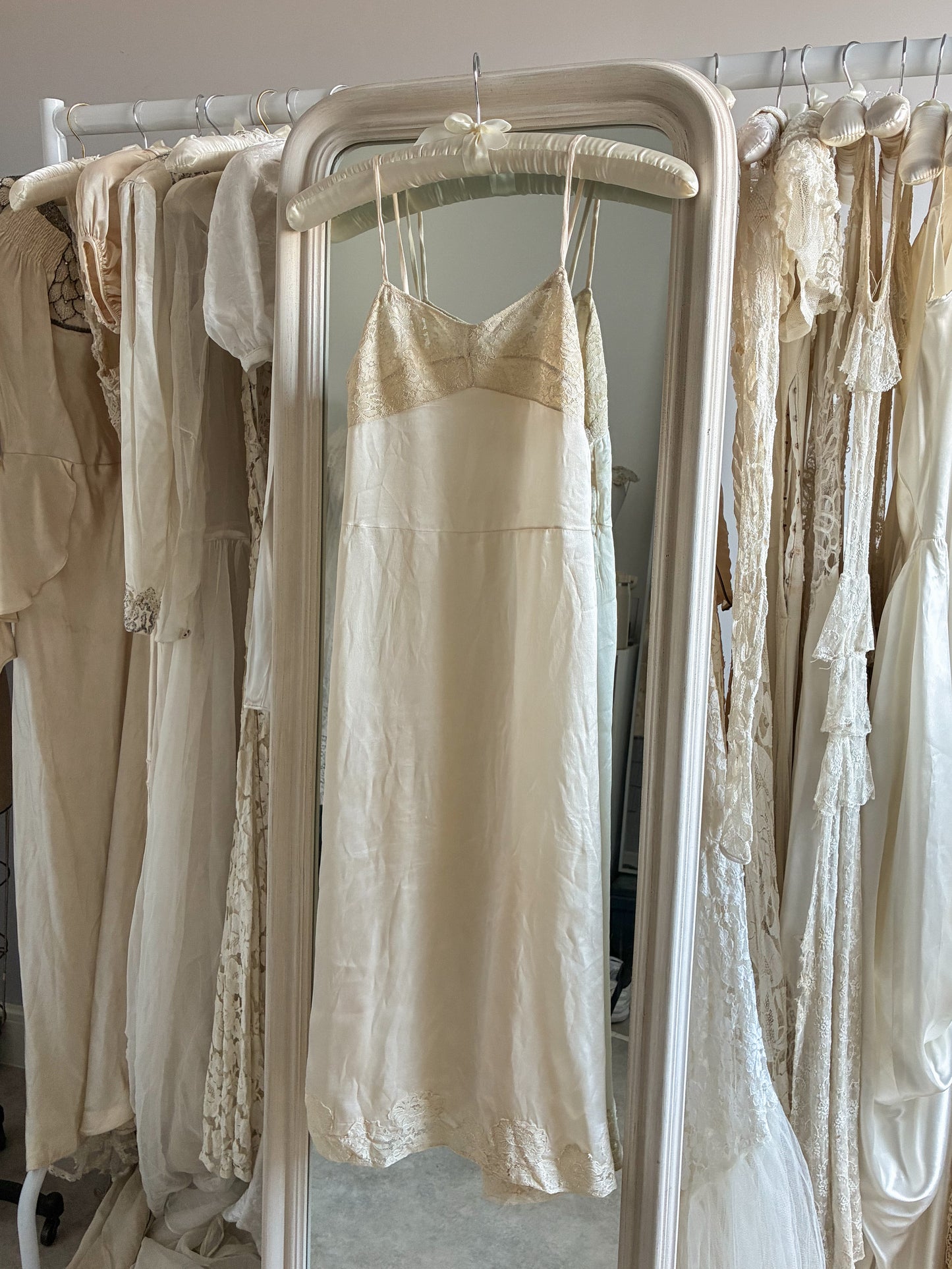 Antique Silk Cream Slip With Lace Trim And Spaghetti Straps