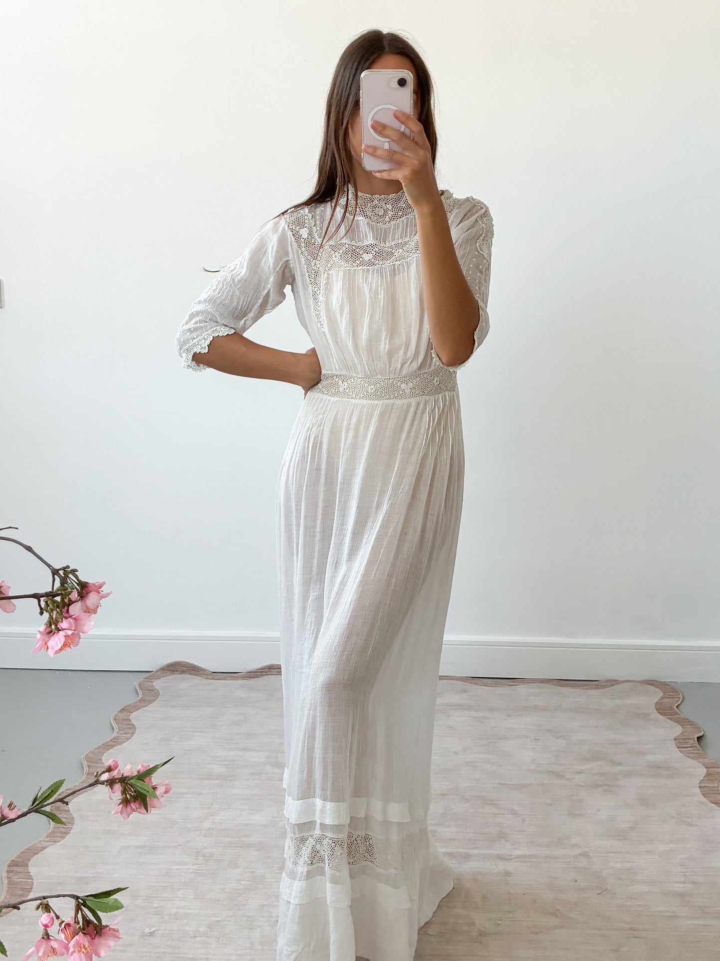 Antique Edwardian Cotton Lawn Wedding Dress With Hand-Crochet Panels XS S