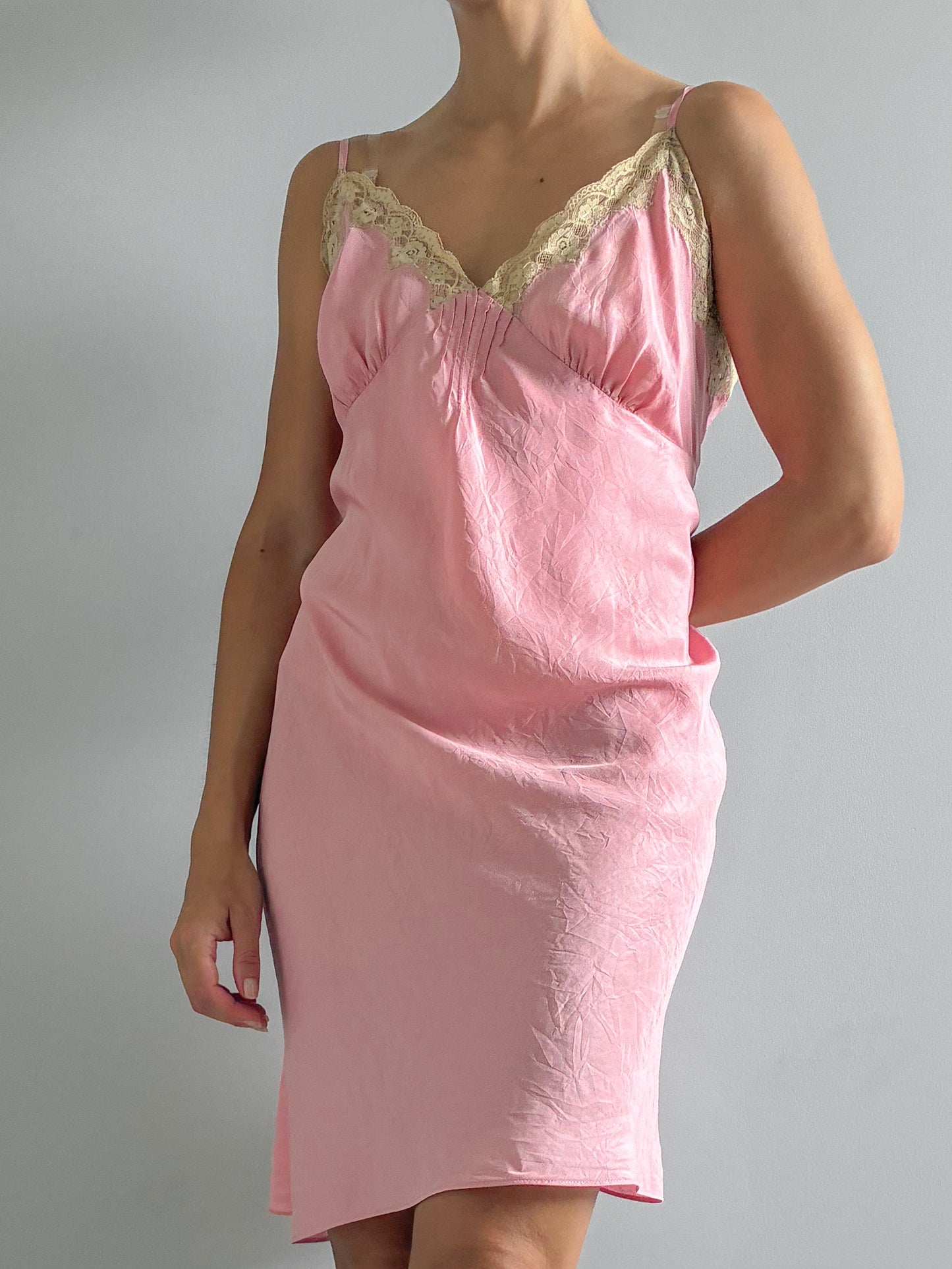 1990s Silk Mini Slip With Cream Lace In Dusty Pink