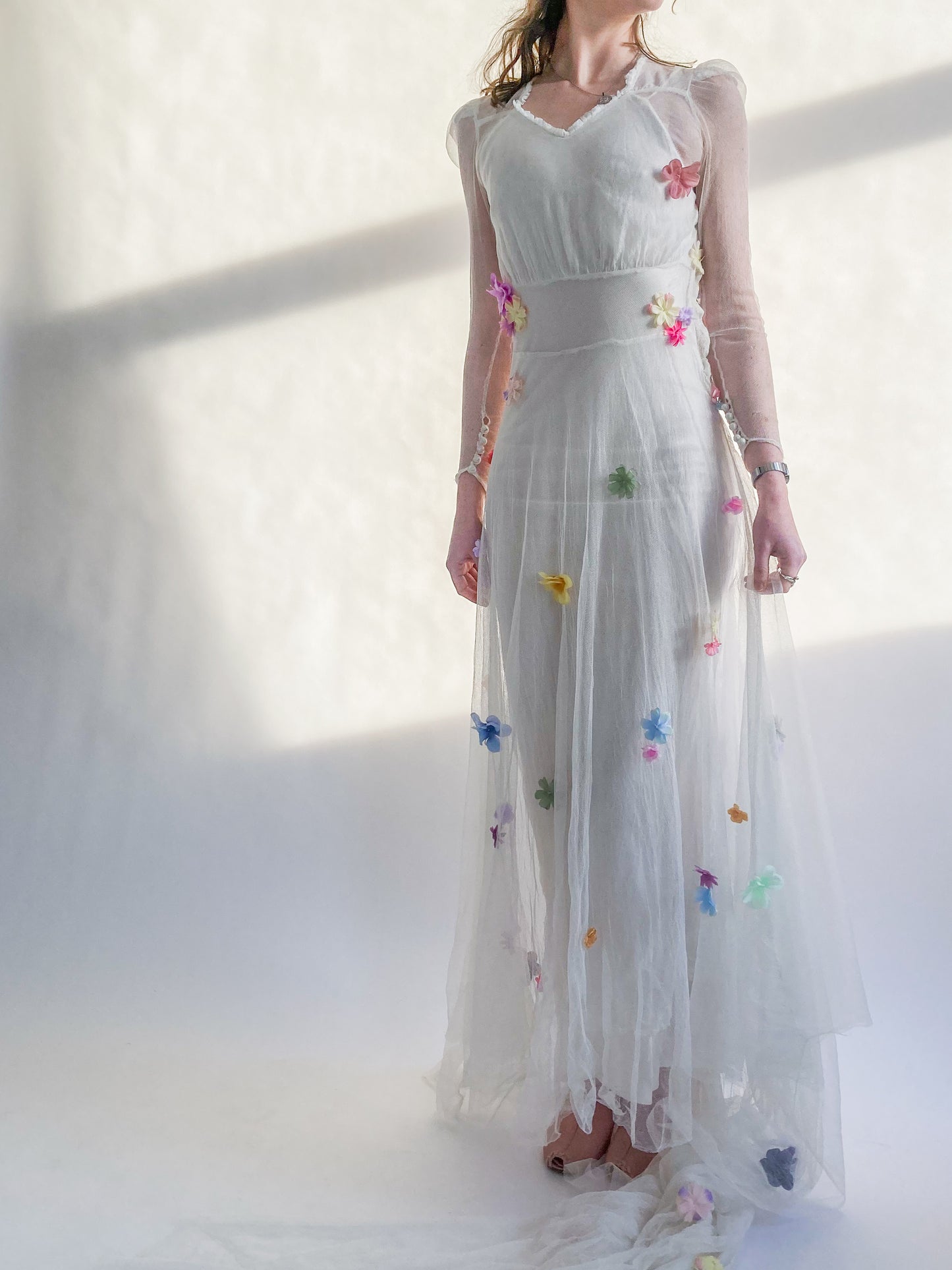 1930s Net Wedding Dress With Flowers and Cathedral Train