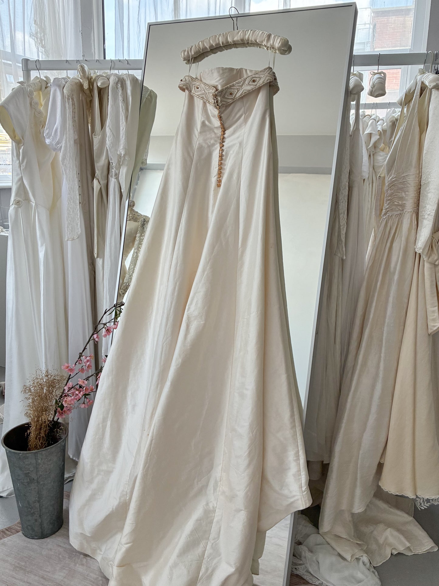 1990s Strapless Silk Boned Wedding Dress With Train And Convertible Beaded Trim