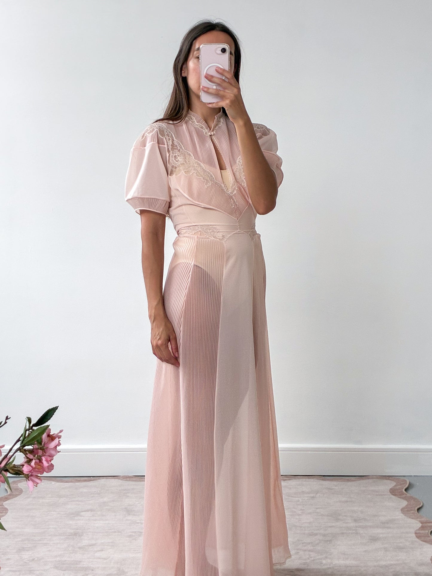 1970s Sheer Peach Nightgown With Lace Detail