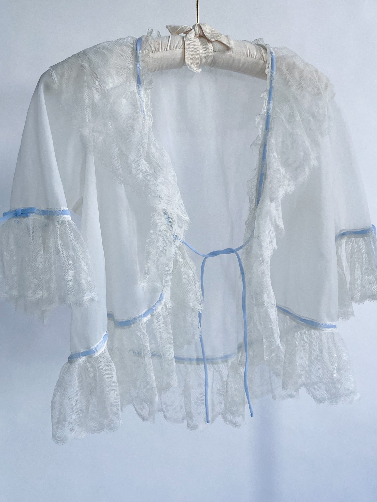 1940s Sheer Bed Jacket With Lace And Blue Ribbon