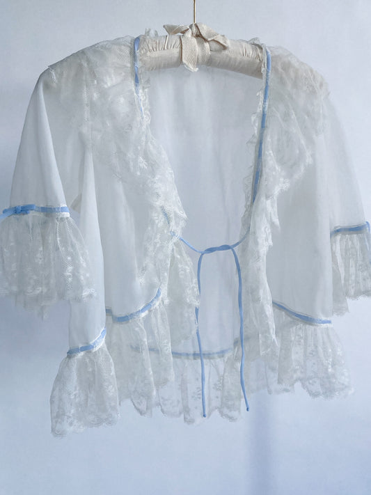 1940s Sheer Bed Jacket With Lace And Blue Ribbon