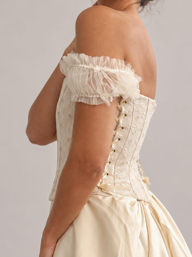 1990s Italian Bridal Two Piece With Embroidered Corset & Tulle Skirt XS S