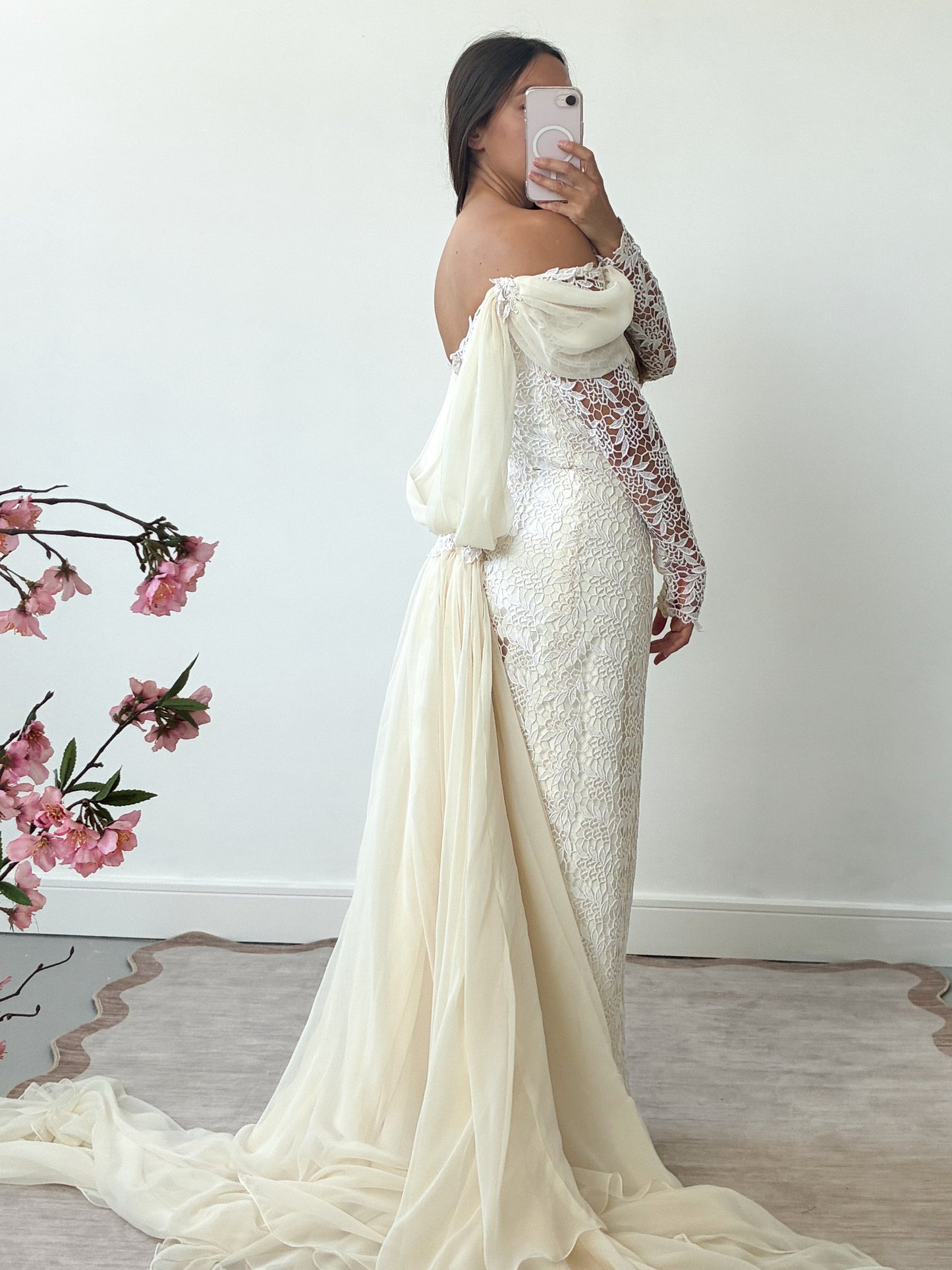 1980s Lace And Chiffon Column Dress With Detachable Cathedral Train S M